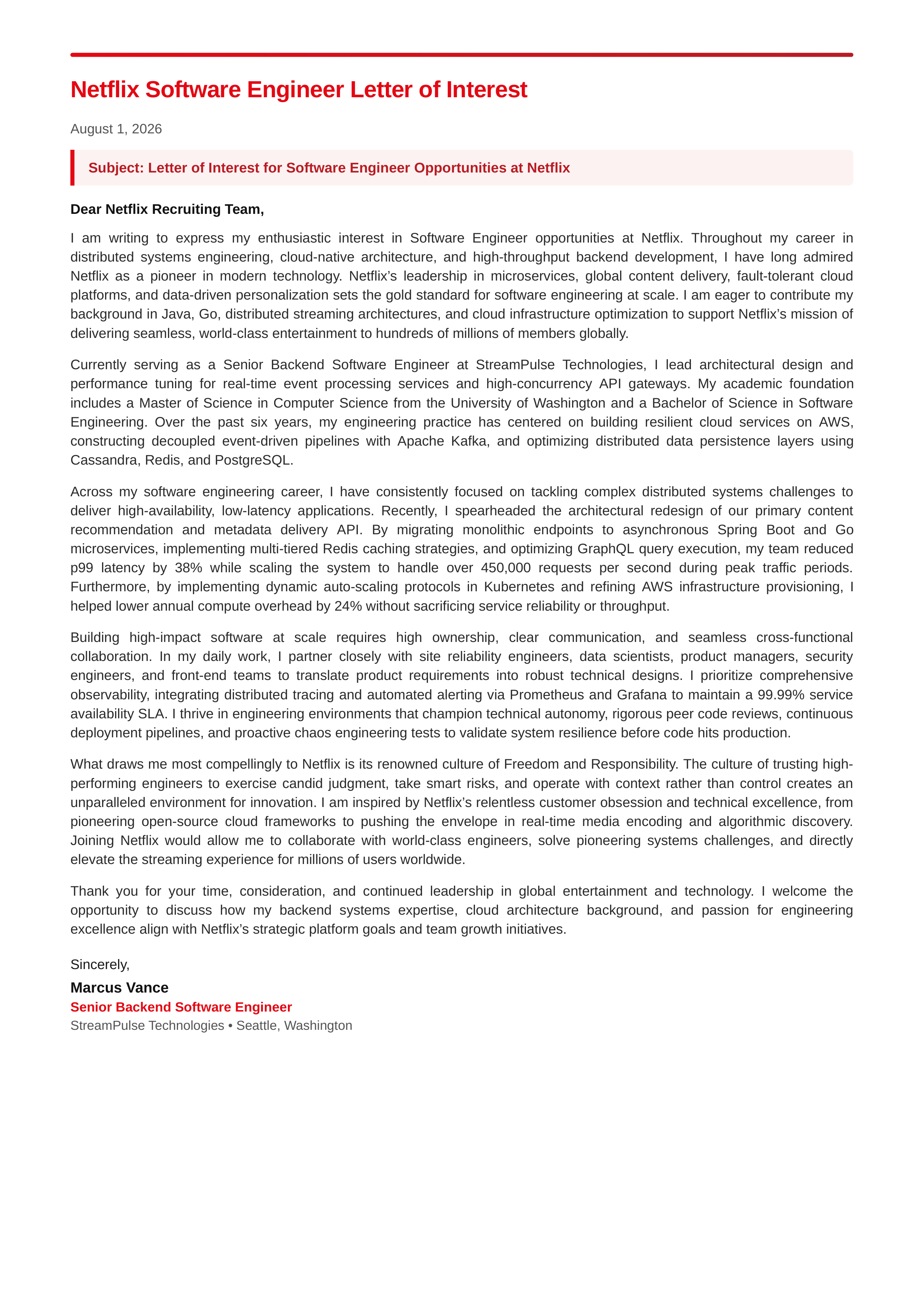 Netflix Software Engineer Letter of Interest — page 1