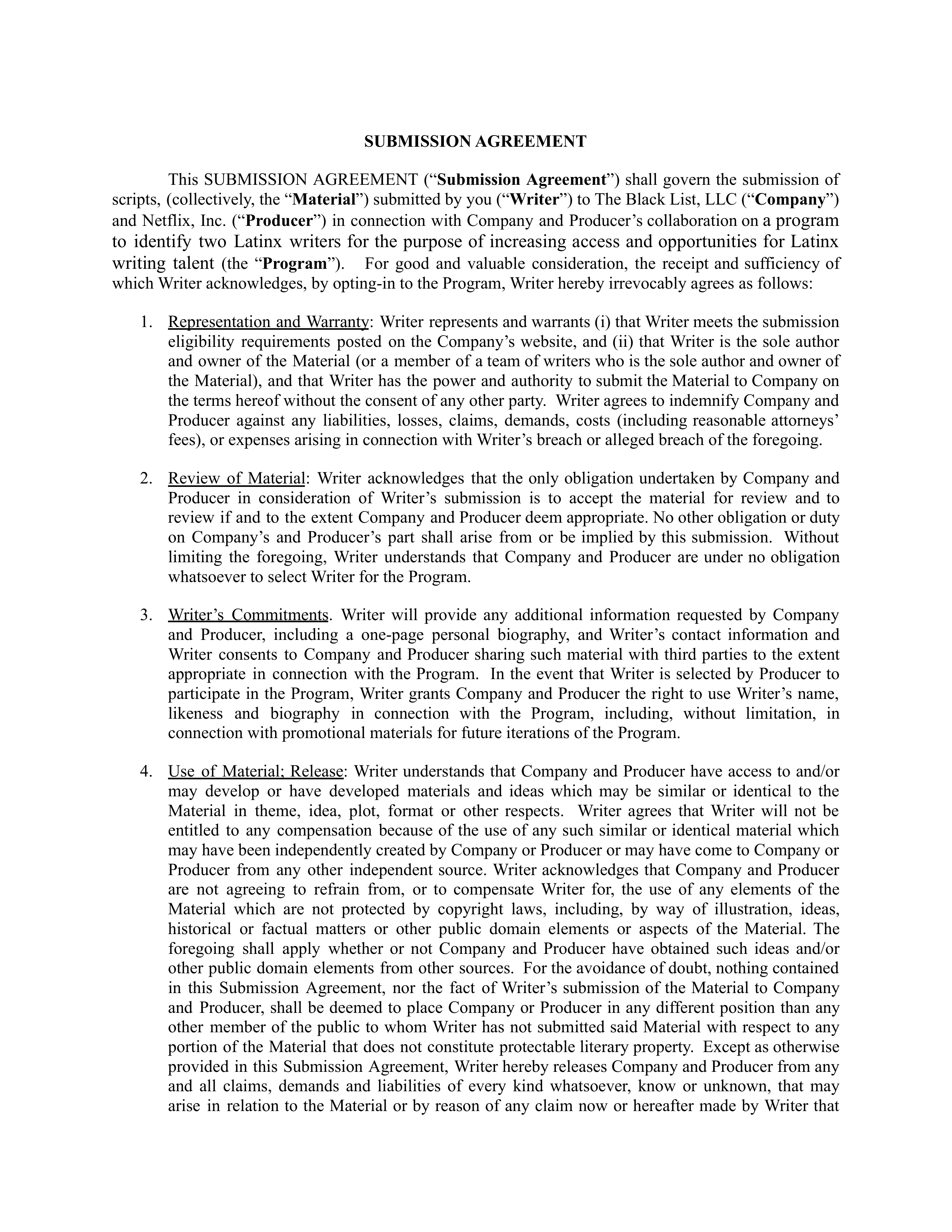 Netflix Submission Agreement — page 1