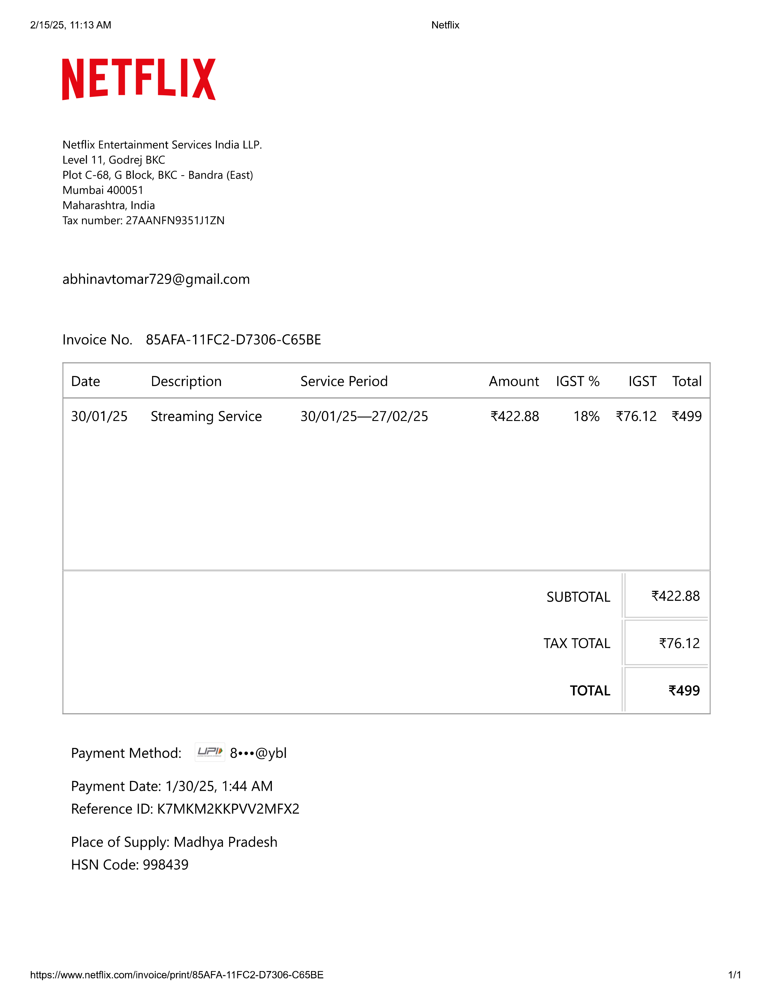 Netflix Subscription Tax Invoice — page 1