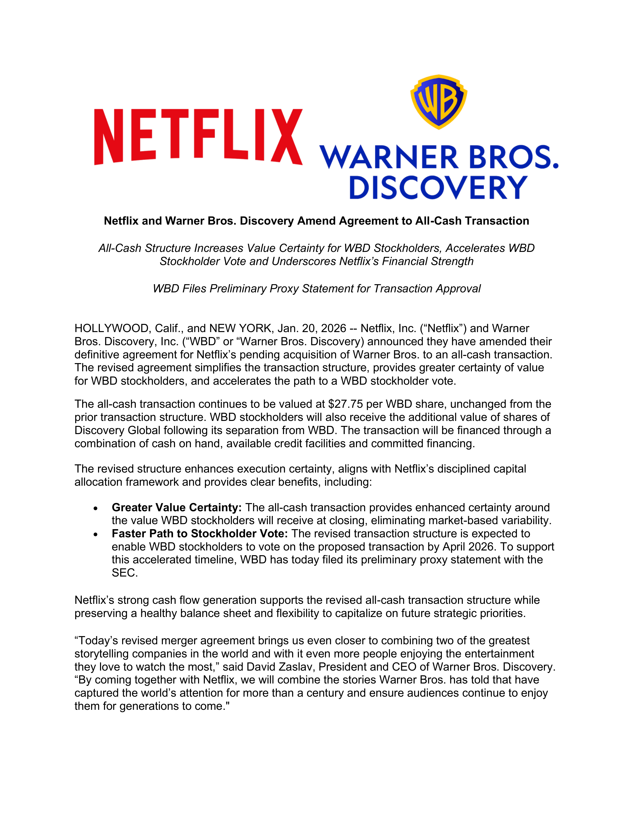 Netflix and Warner Bros. Amended Agreement — page 1