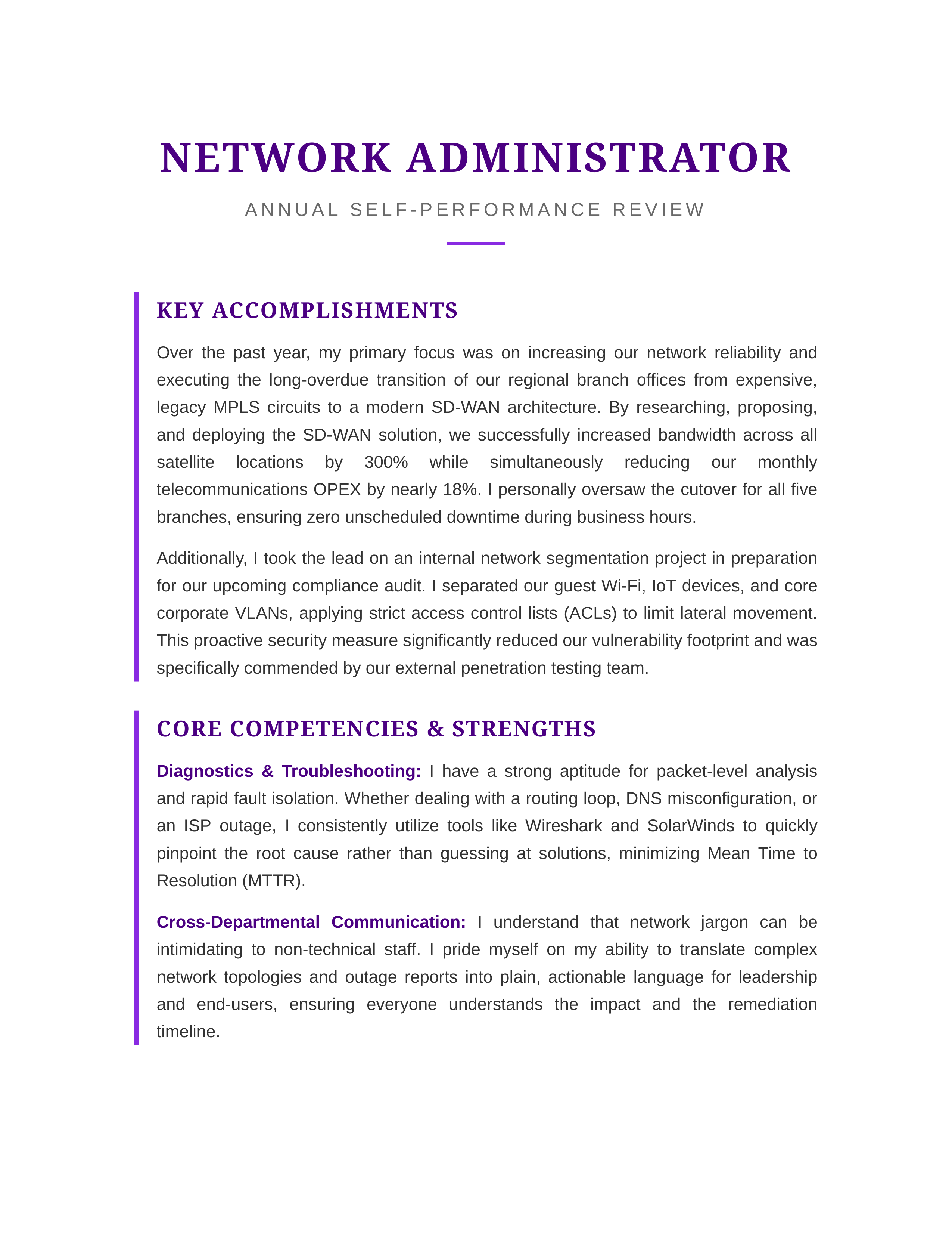 Network Administrator Self Performance Review — page 1