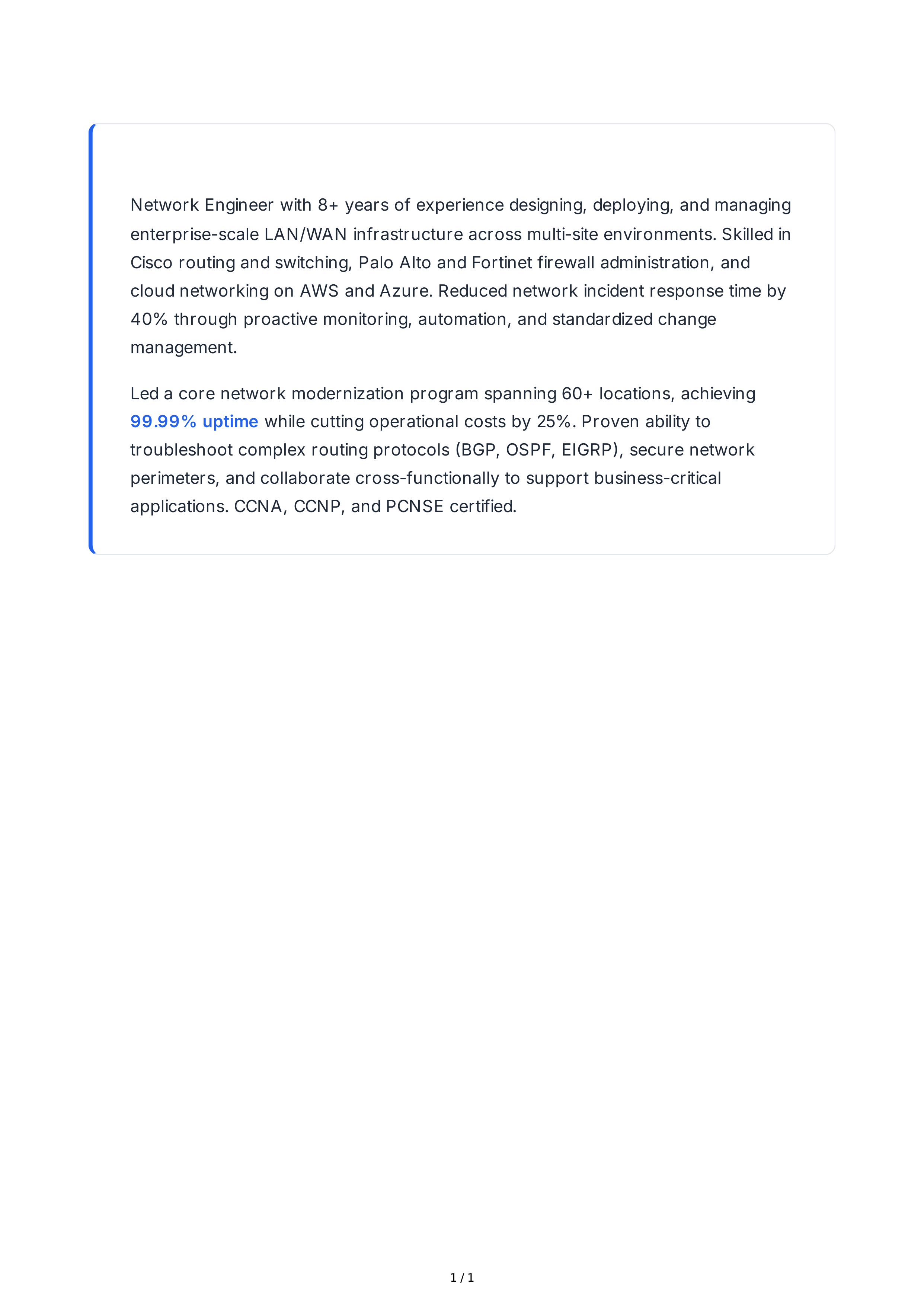 Network Engineer Resume Summary — page 1