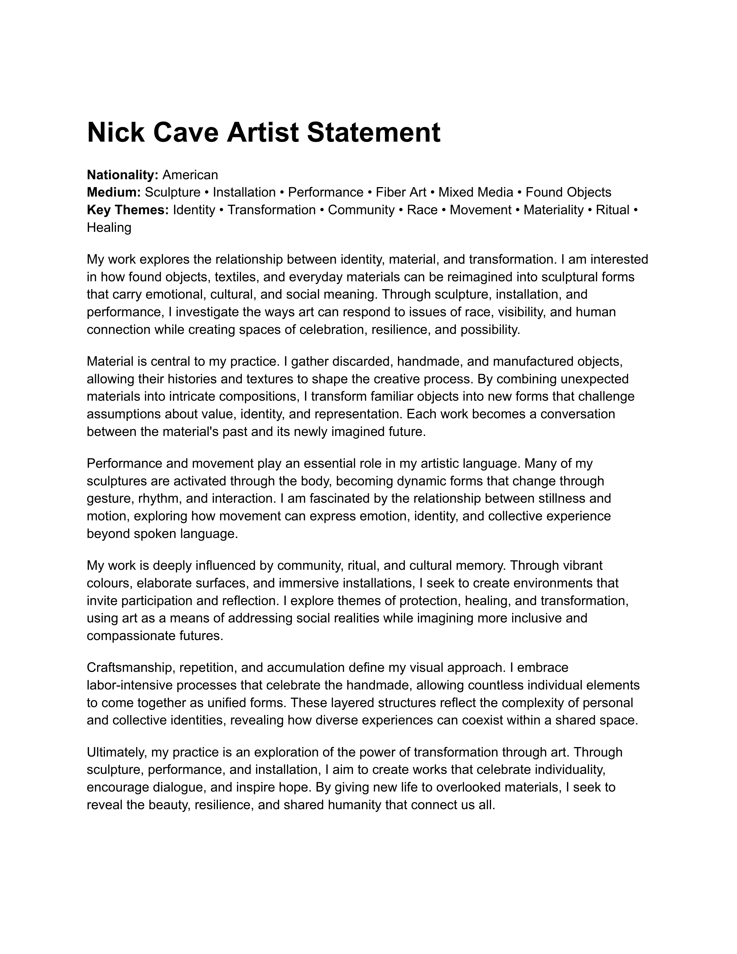 Nick Cave Artist Statement — page 1