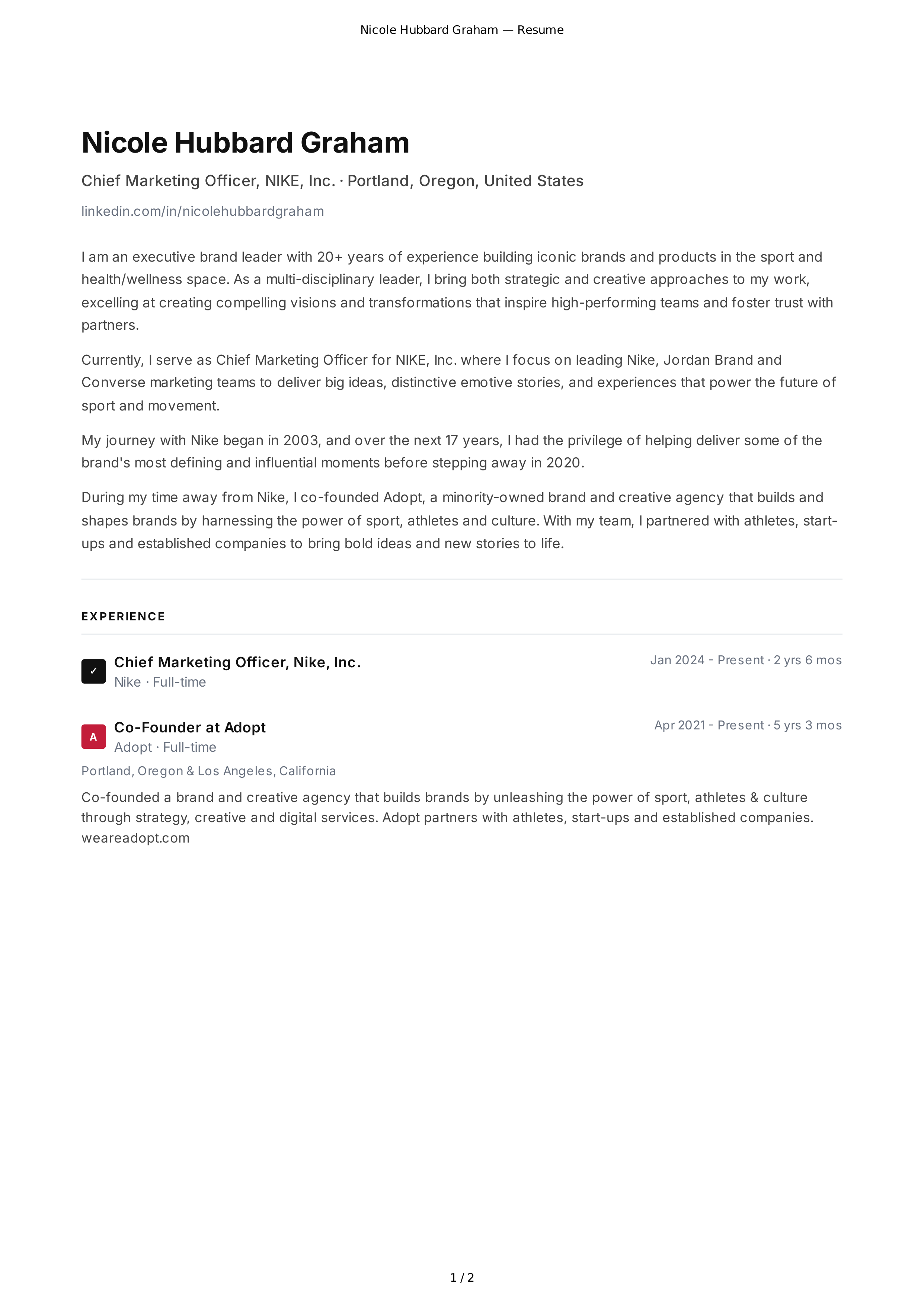 Nike Chief Marketing Officer Resume — page 1