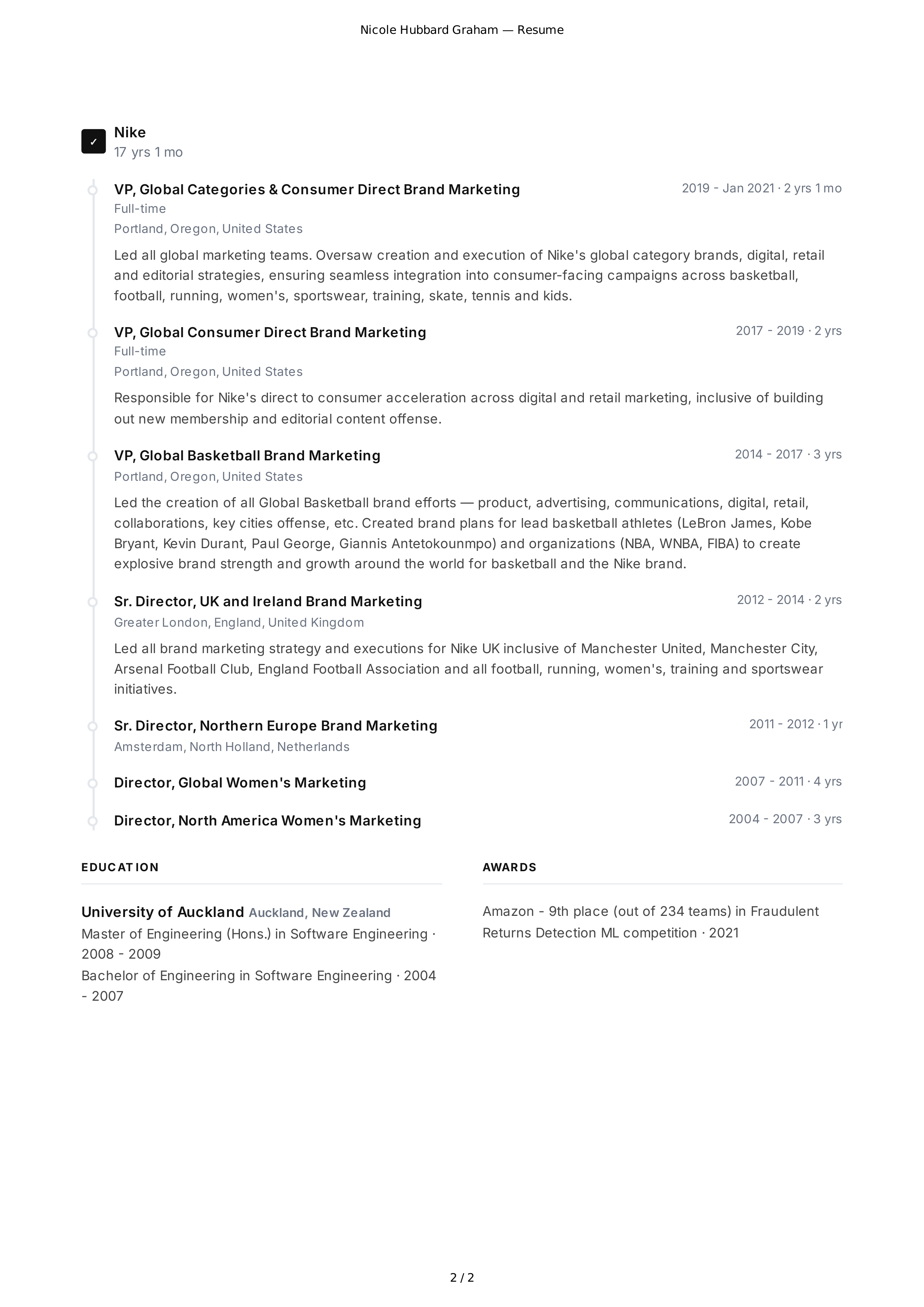 Nike Chief Marketing Officer Resume — page 2