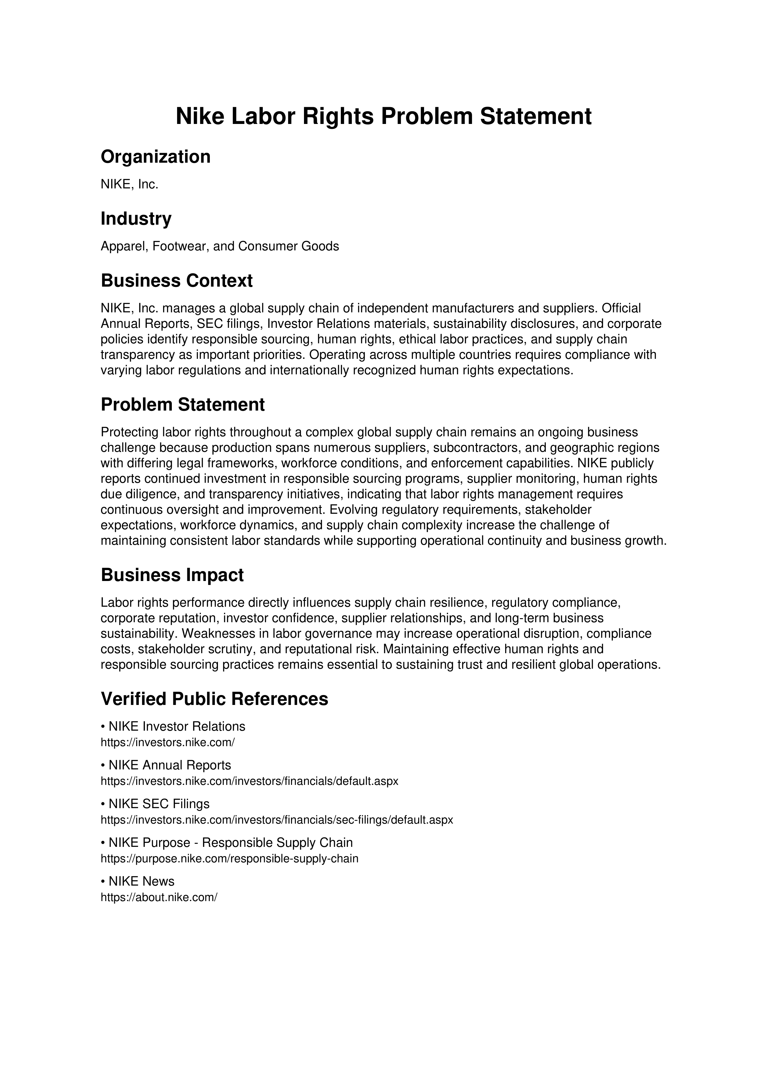 Nike Labor Rights Problem Statement — page 1
