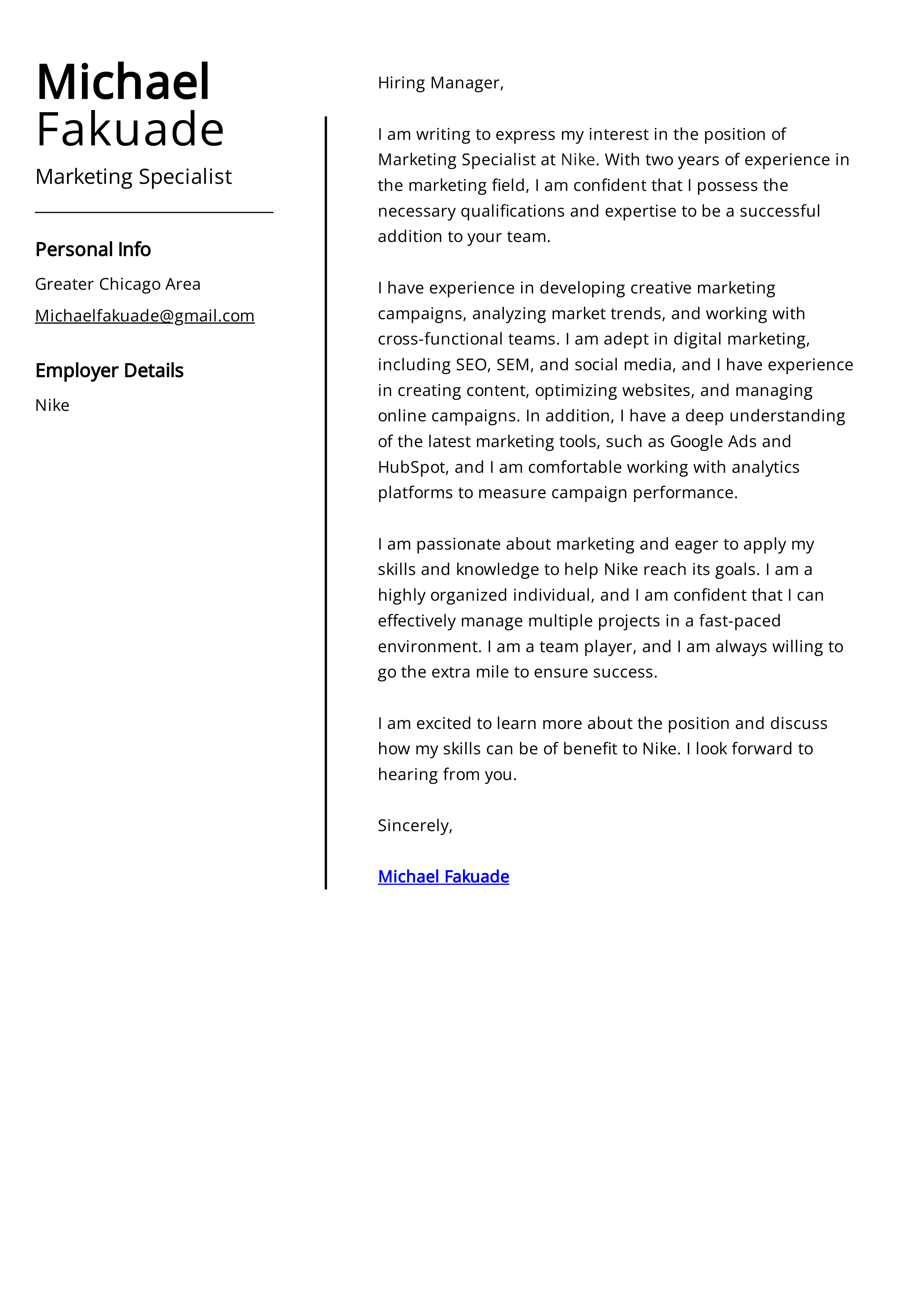 Nike Marketing Specialist Cover Letter — page 1