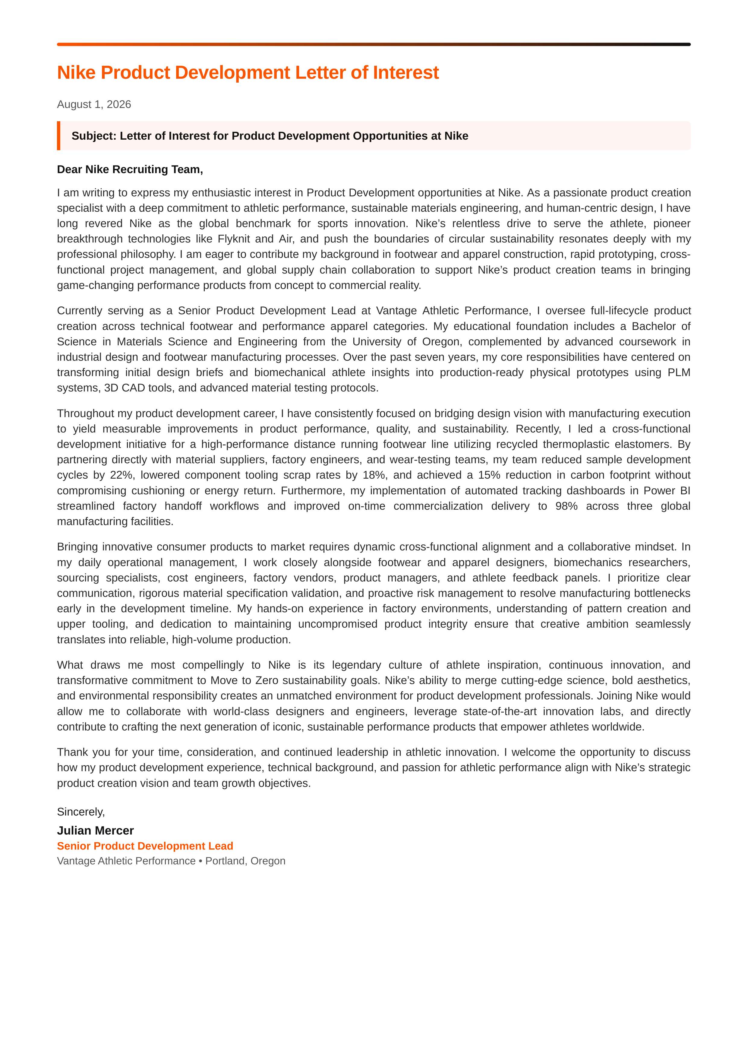 Nike Product Development Letter of Interest — page 1