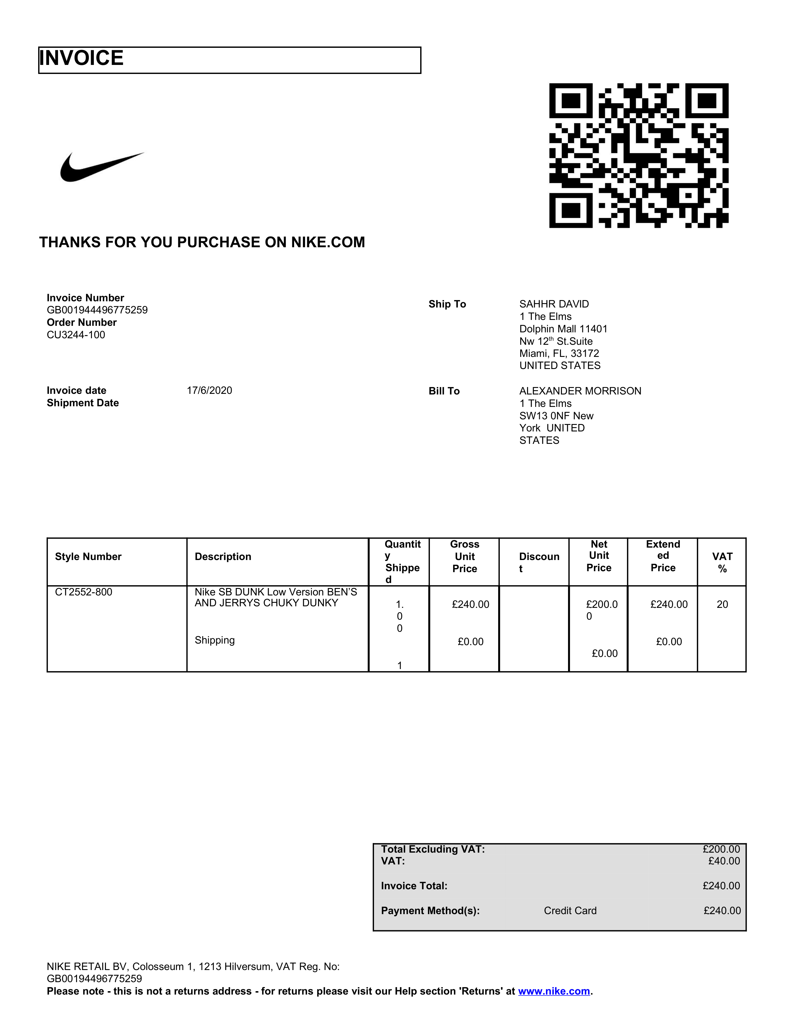 Nike Purchase Invoice — page 1
