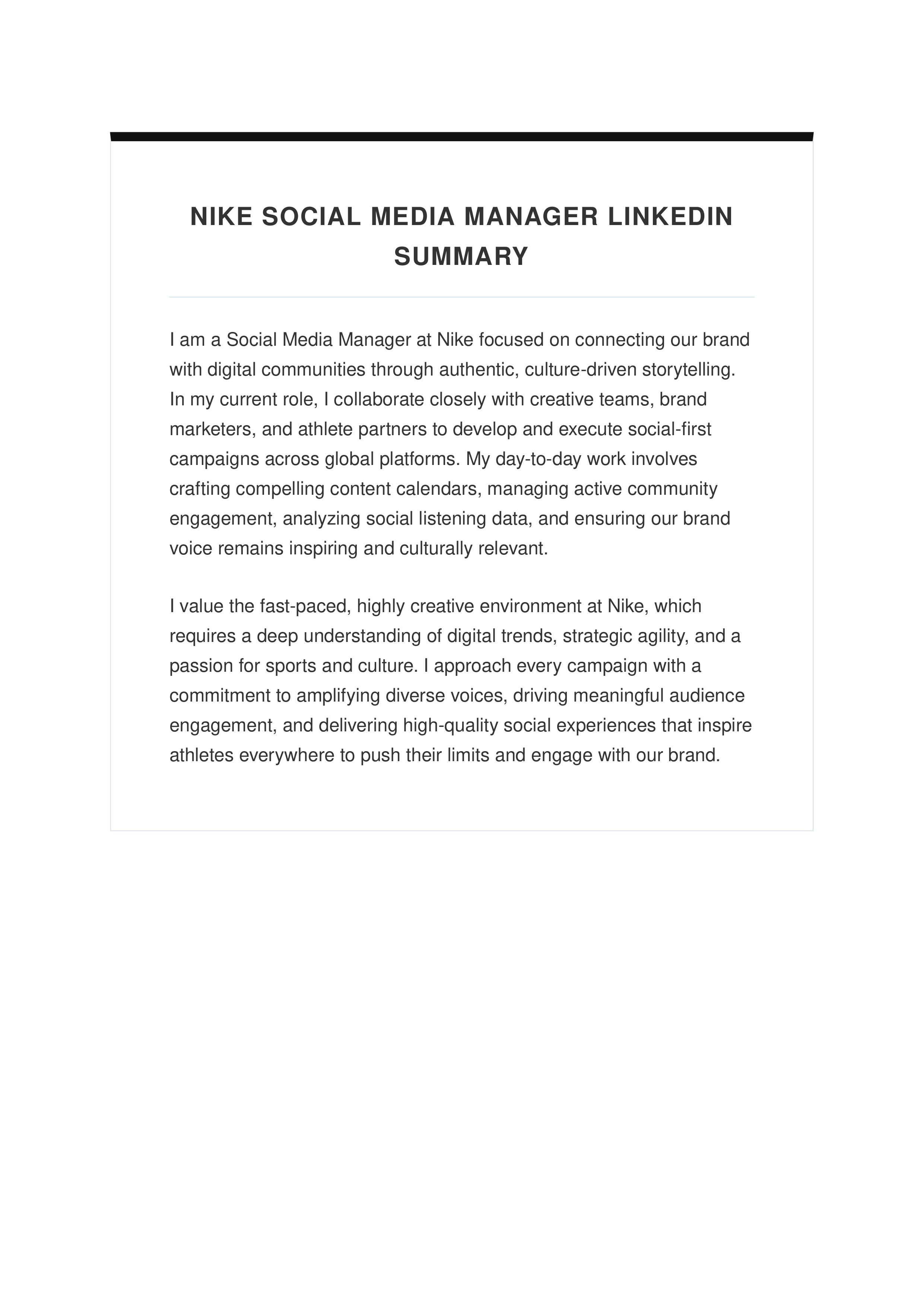 Nike Social Media Manager LinkedIn Summary — page 1