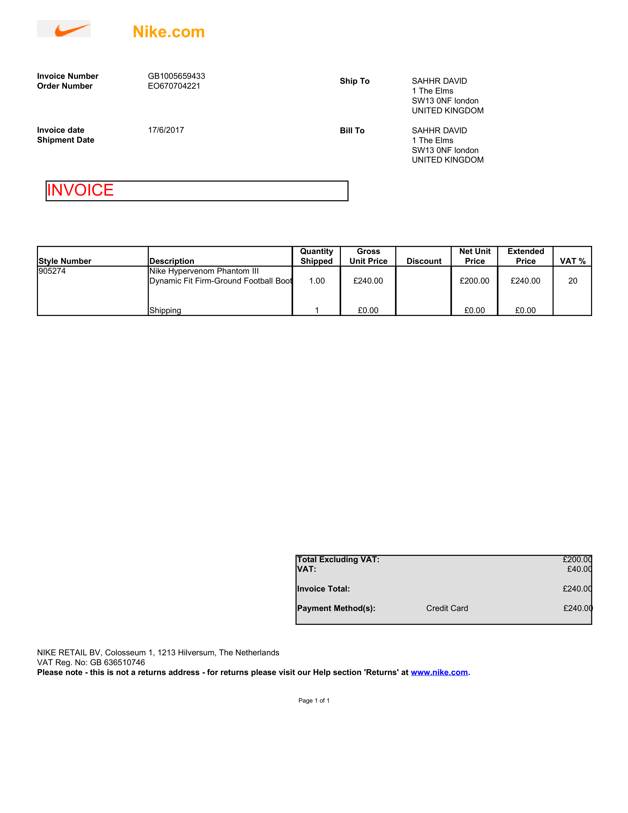Nike VAT Invoice — page 1