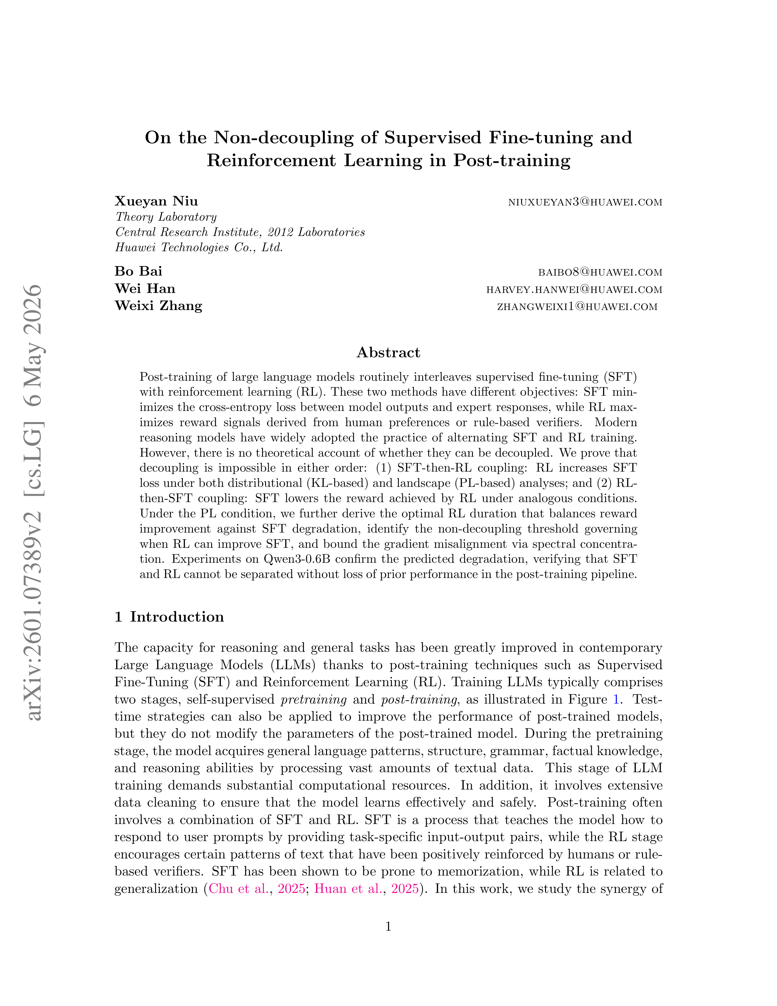 Non-decoupling of SFT and RL Research Paper by Huawei — page 1