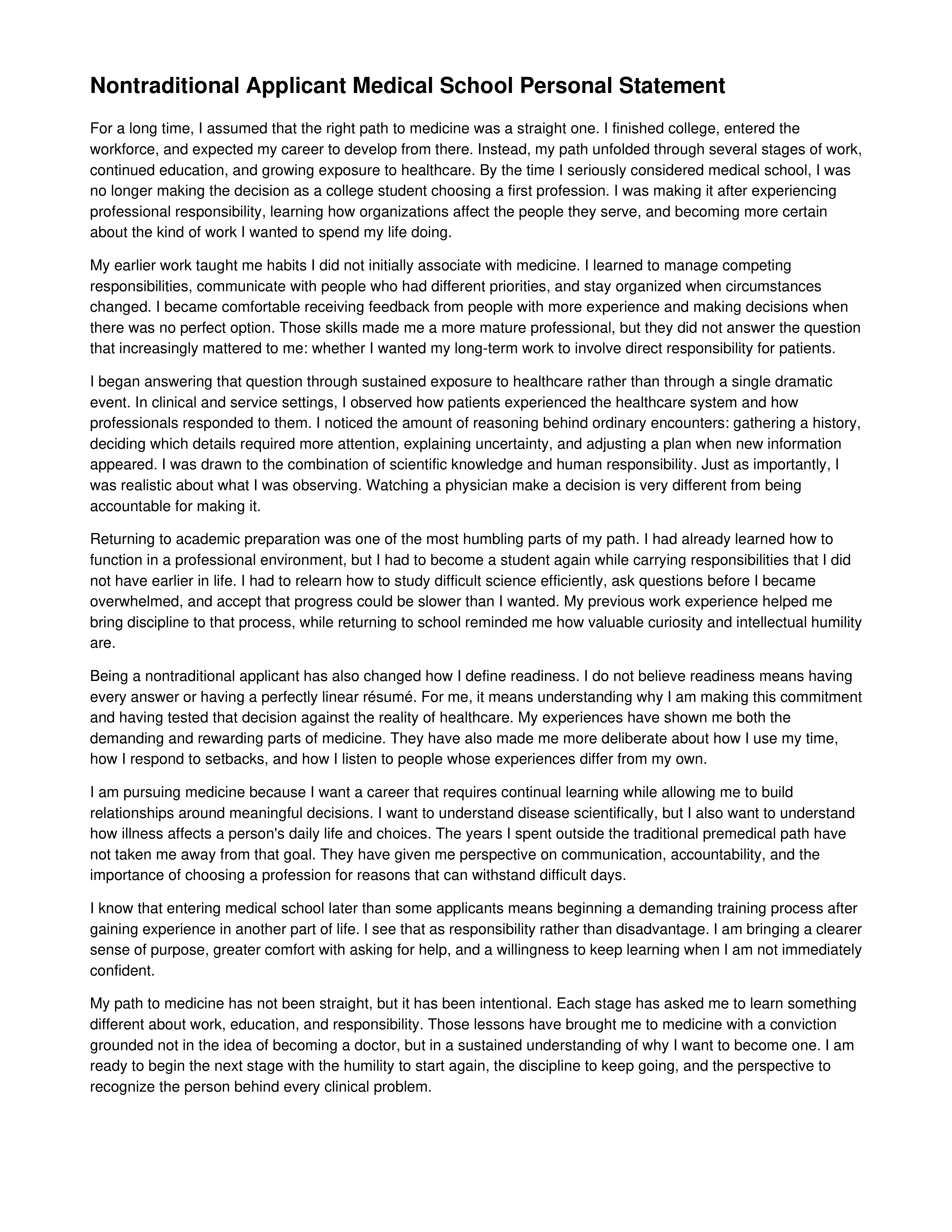 Nontraditional Applicant Medical School Personal Statement — page 1