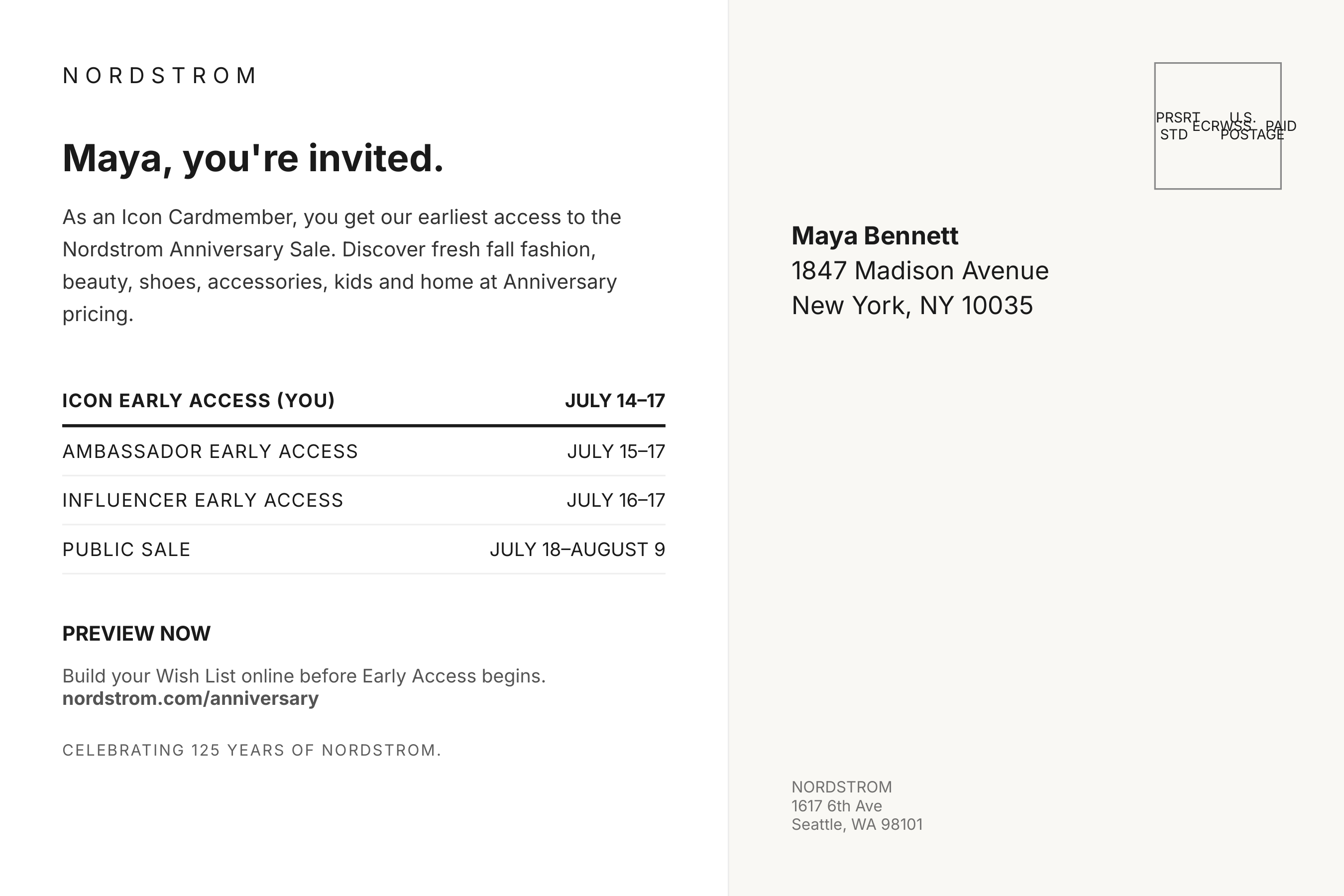 Nordstrom Anniversary Sale Early Access Invitation Postcard — page 2