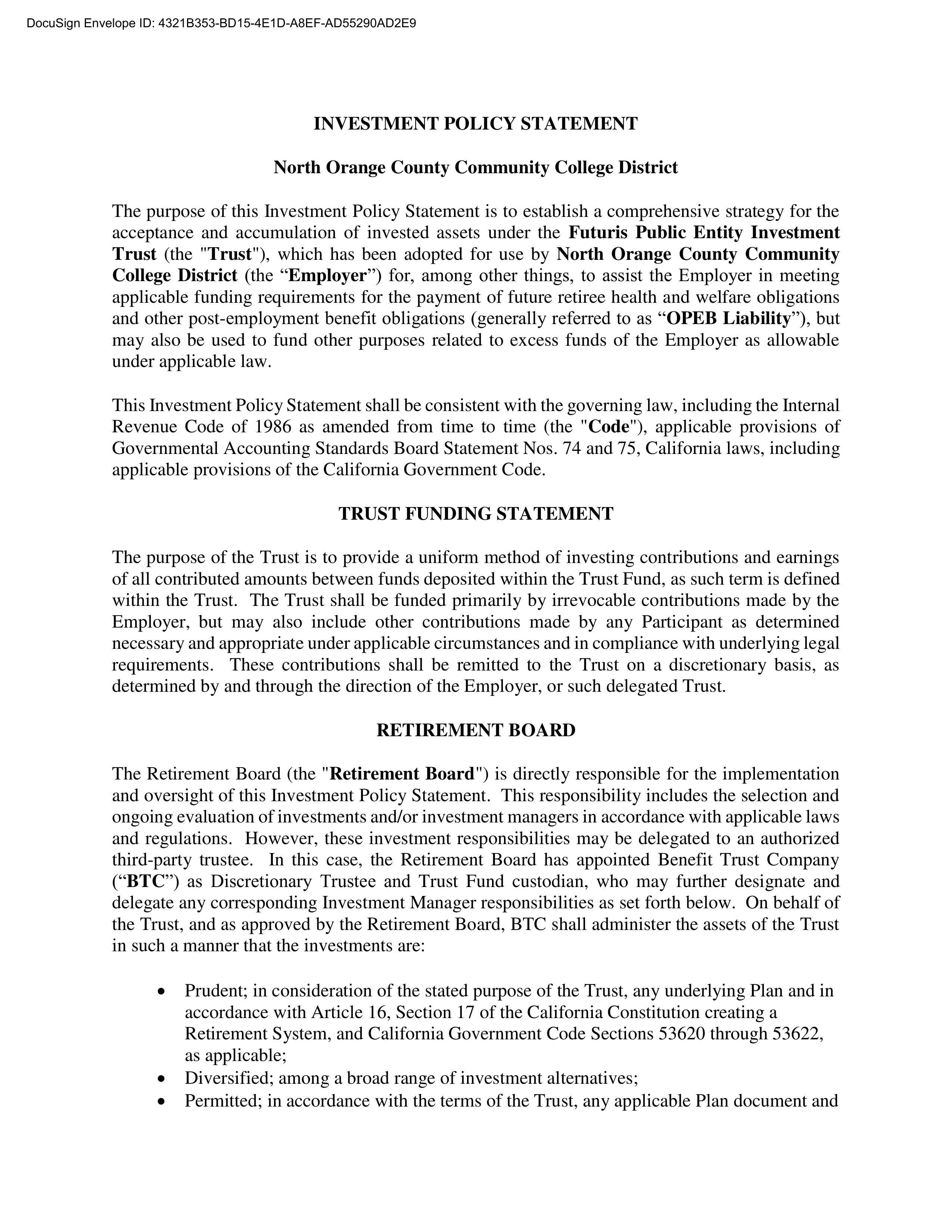 North Orange County Investment Statement — page 1