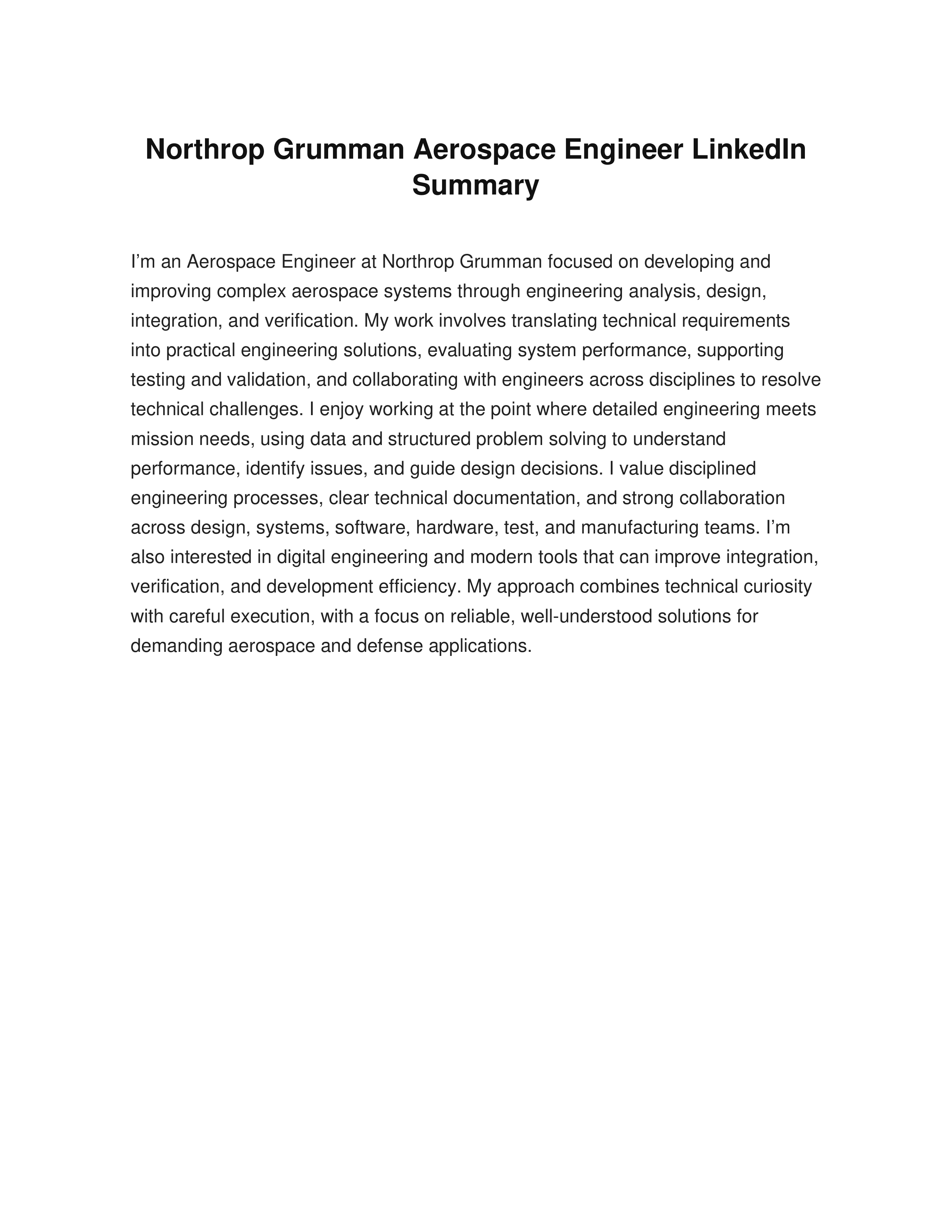 Northrop Grumman Aerospace Engineer LinkedIn Summary — page 1