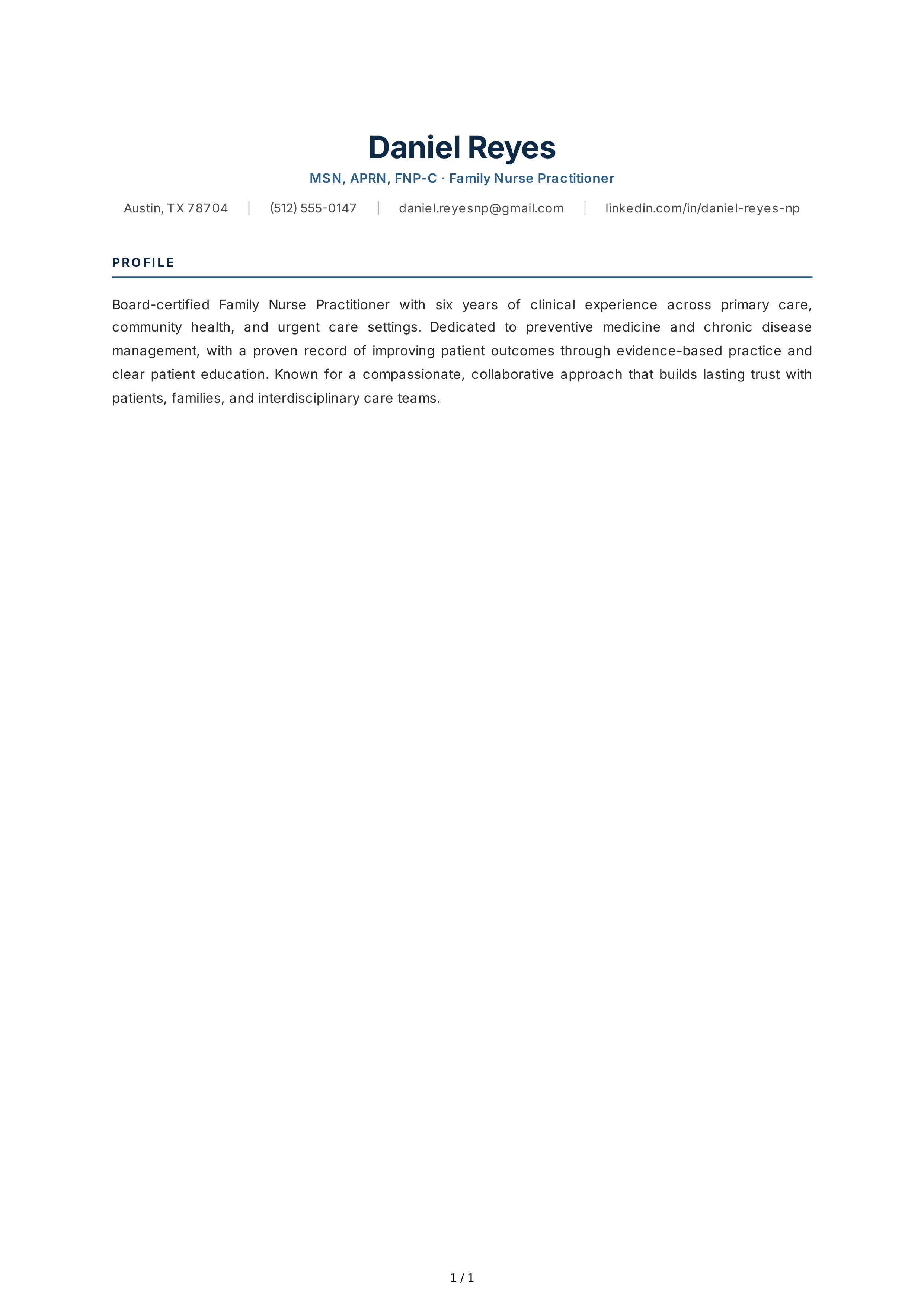 Nurse Practitioner Resume Profile — page 1