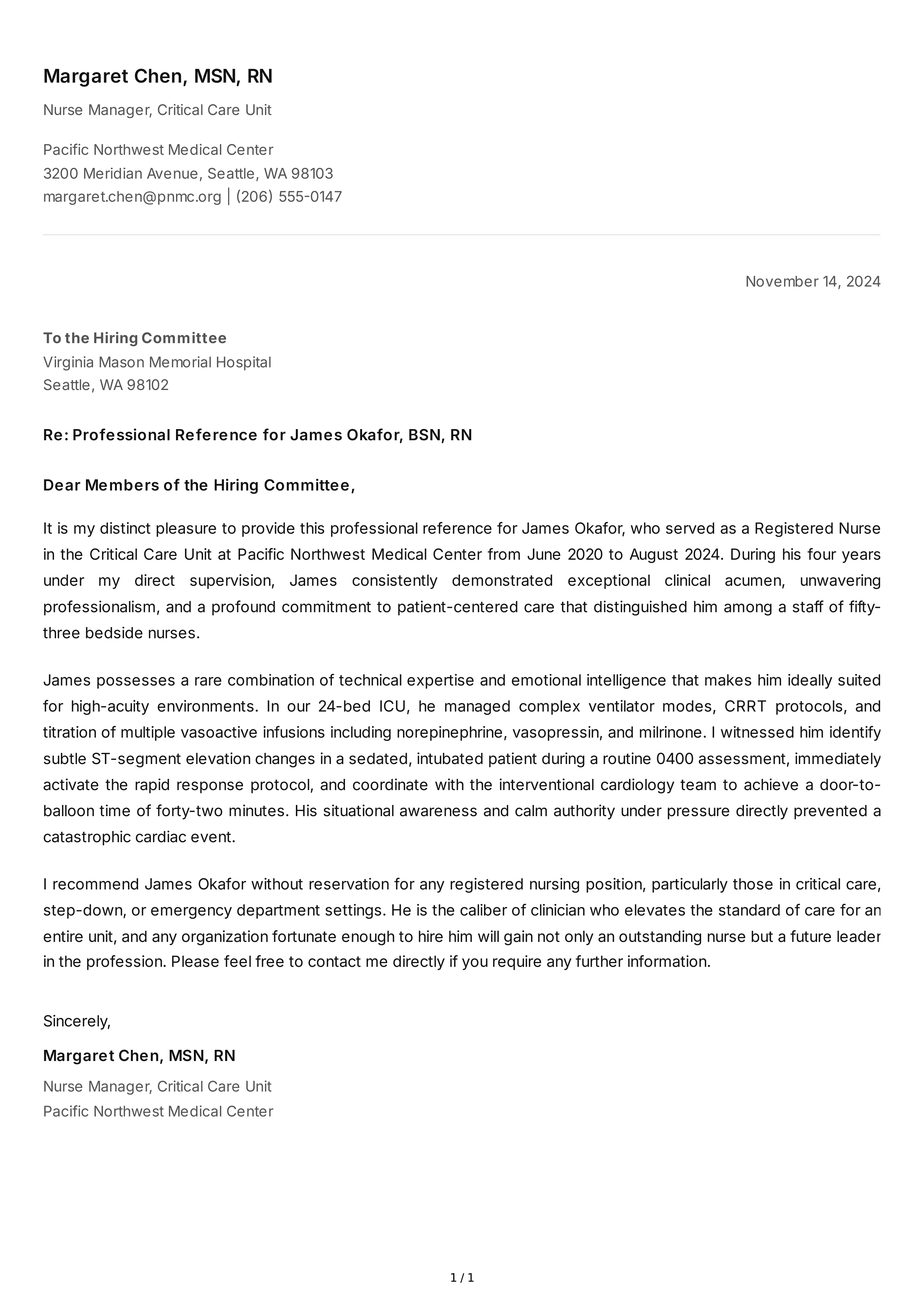 Nurse Reference Letter — page 1