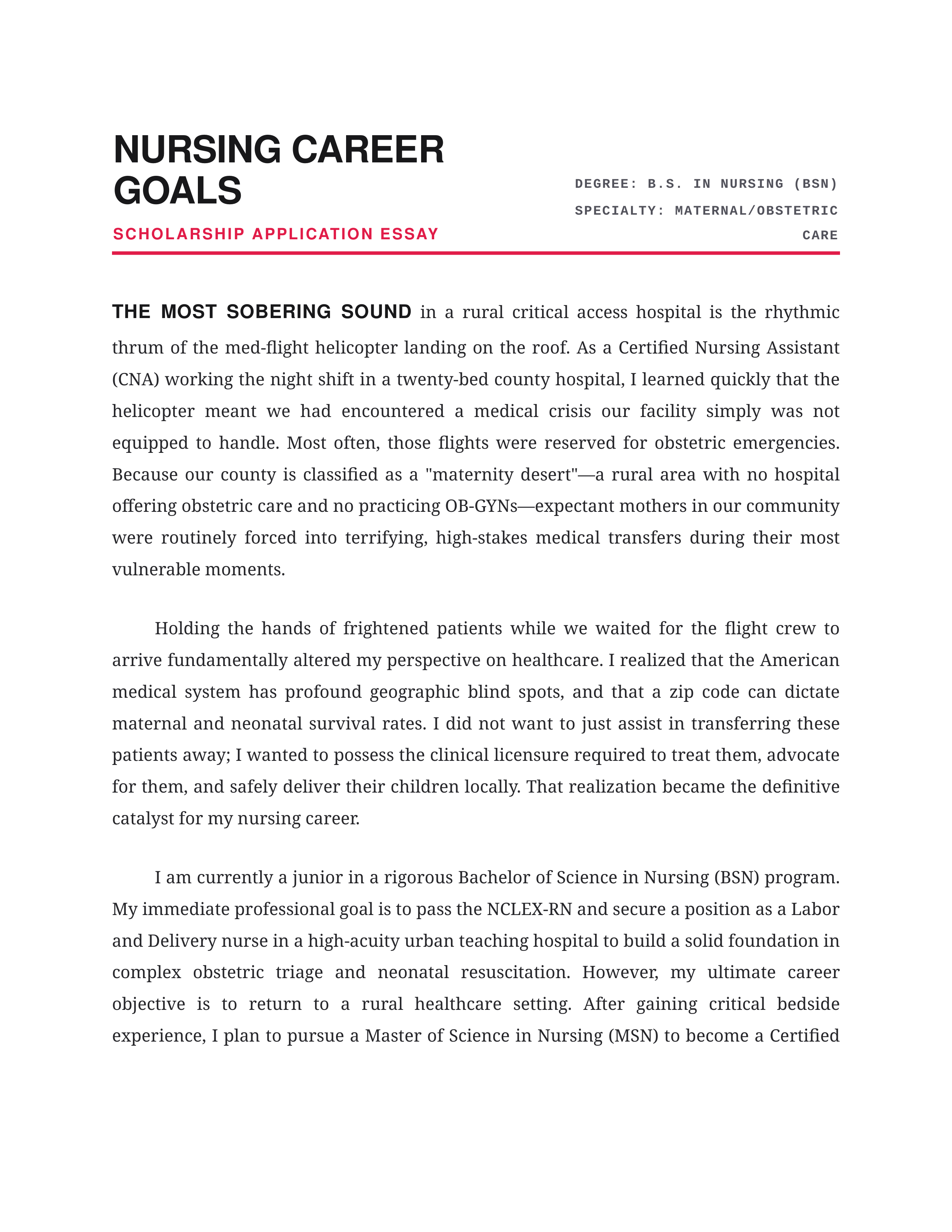 Nursing Career Goals Scholarship Essay — page 1