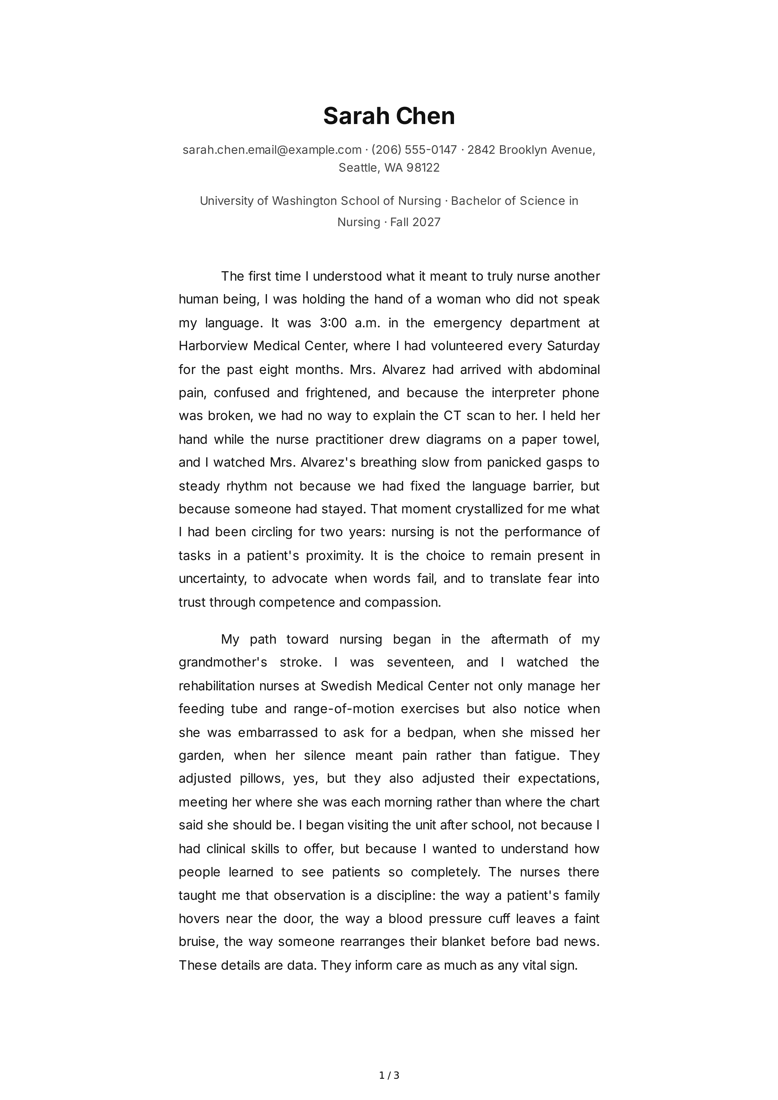 Nursing School Personal Statement — page 1