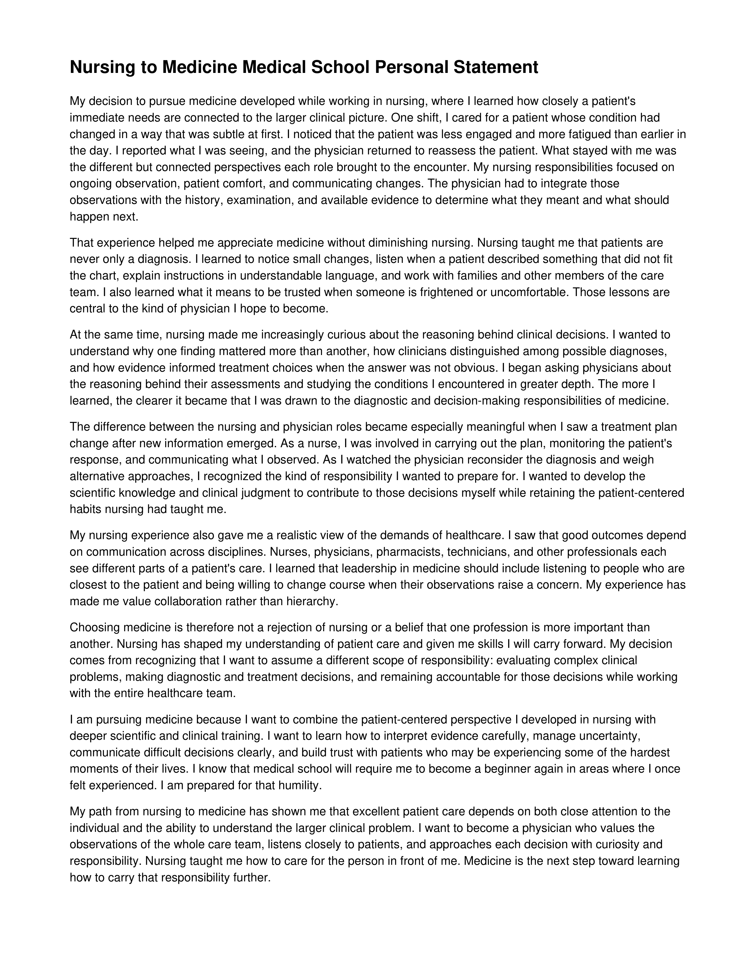 Nursing to Medicine Medical School Personal Statement — page 1