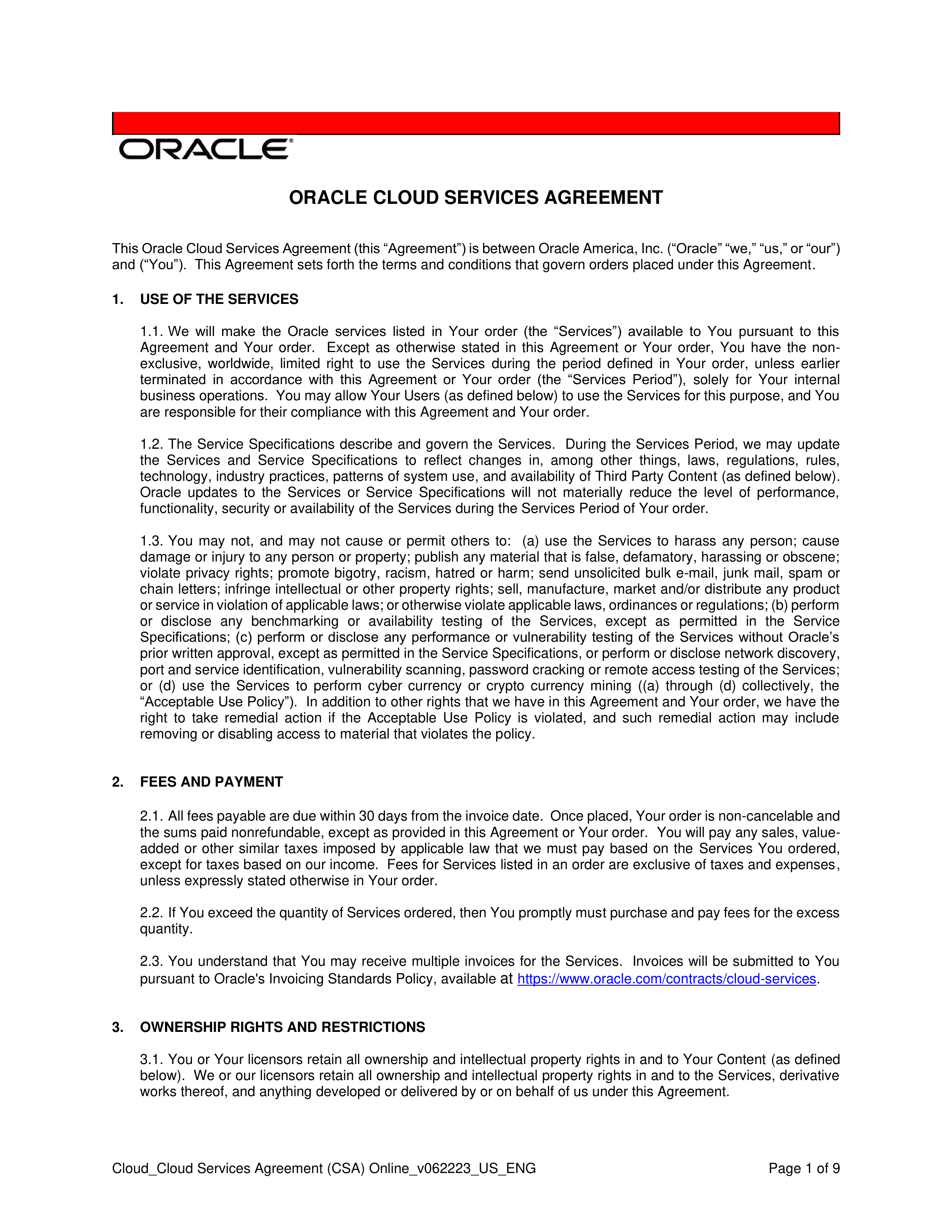 ORACLE CLOUD SERVICES AGREEMENT — page 1