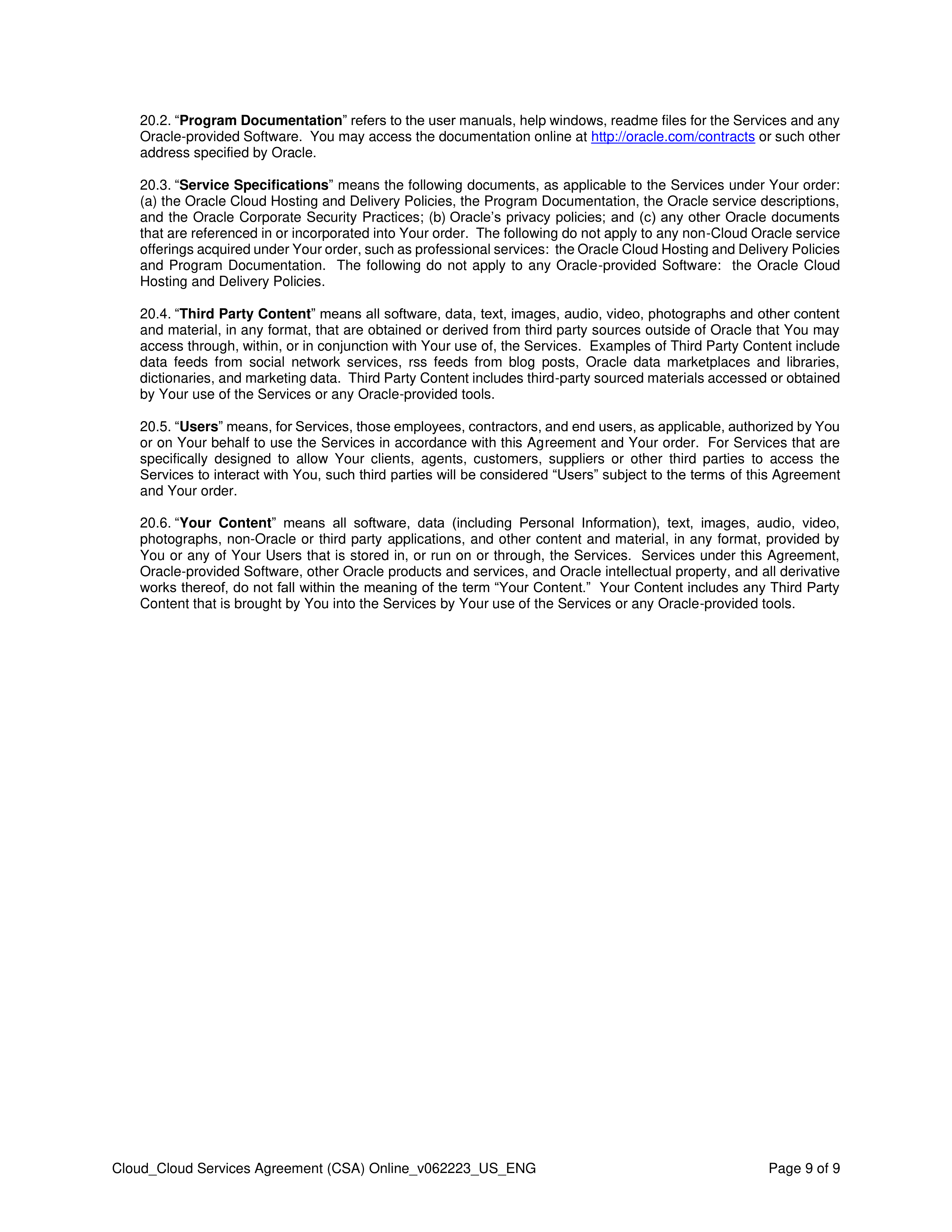 ORACLE CLOUD SERVICES AGREEMENT — page 9