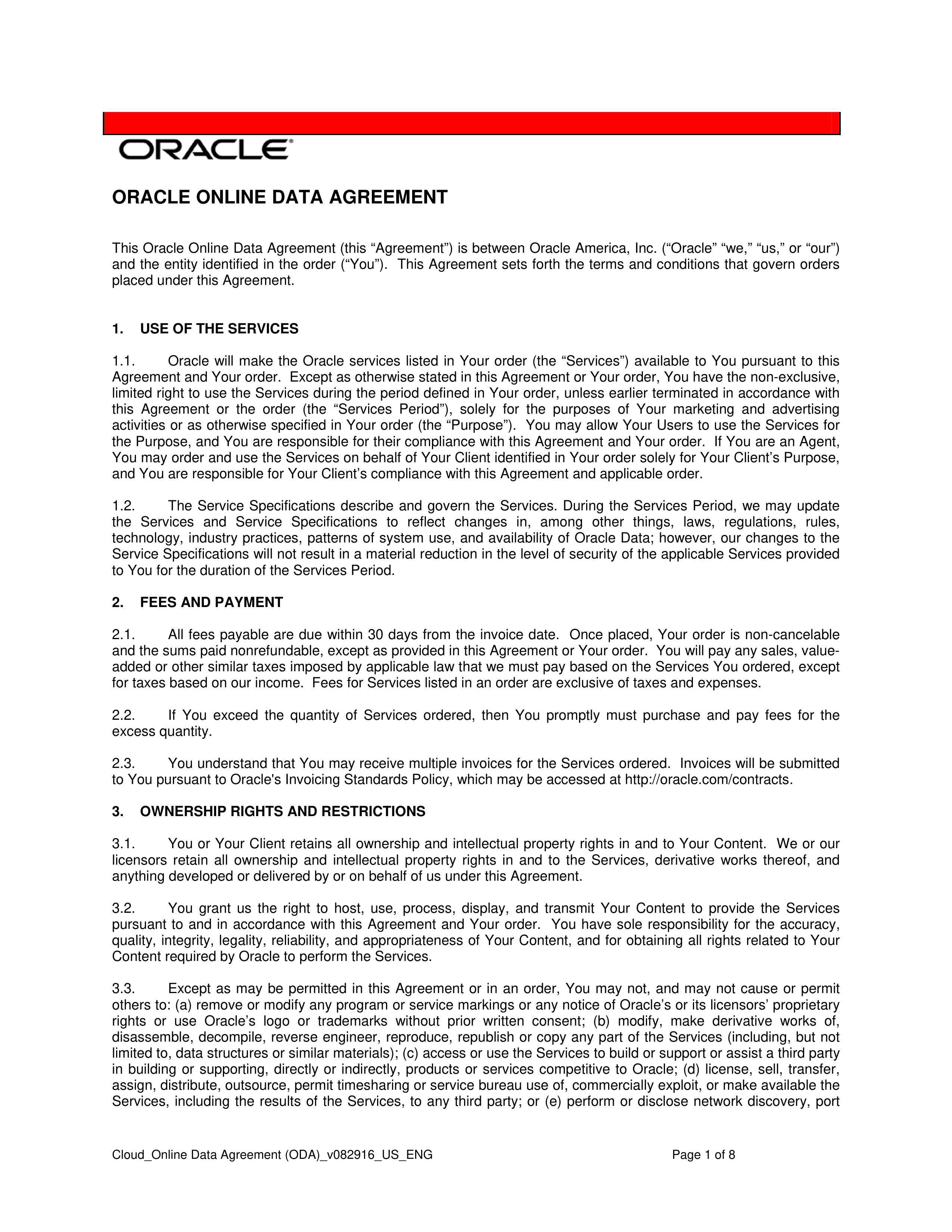ORACLE ONLINE DATA AGREEMENT — page 1