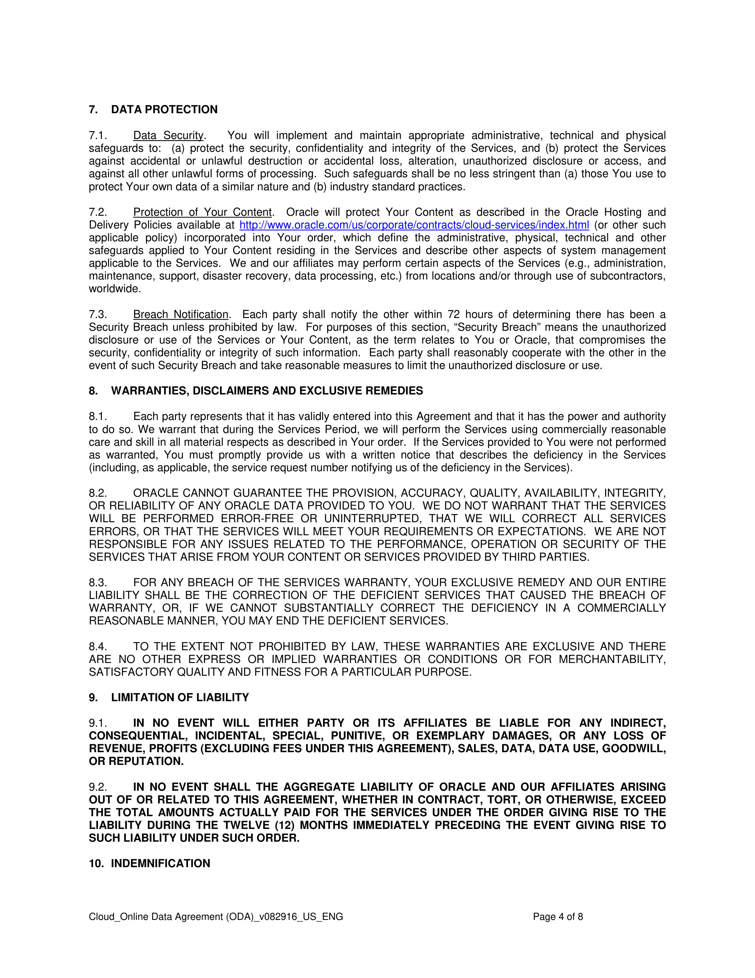 ORACLE ONLINE DATA AGREEMENT — page 4