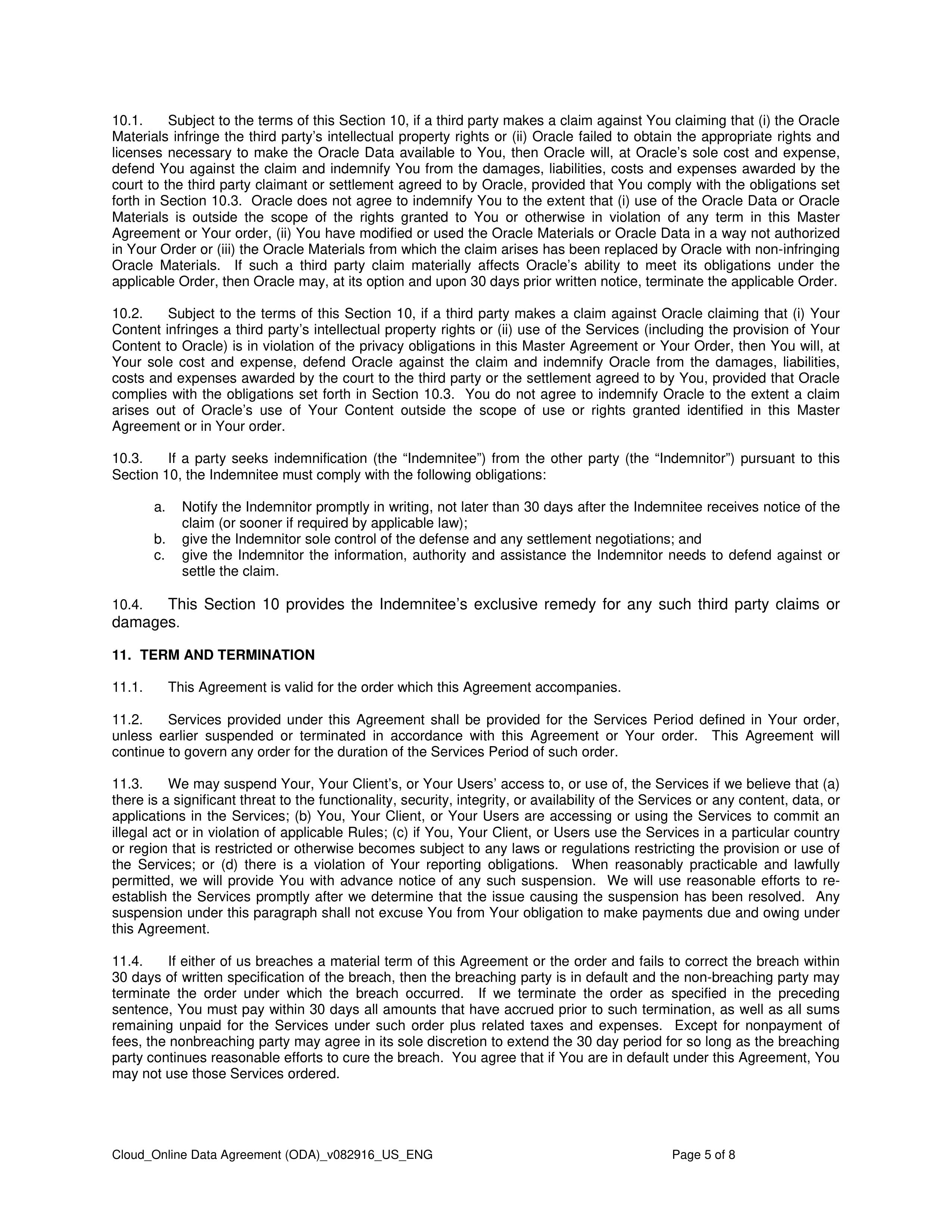 ORACLE ONLINE DATA AGREEMENT — page 5