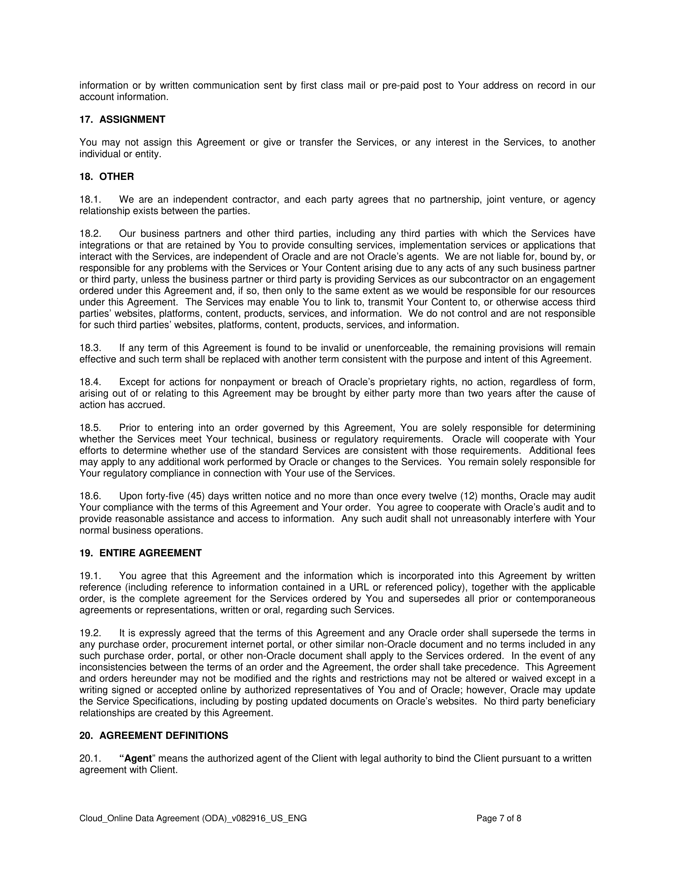 ORACLE ONLINE DATA AGREEMENT — page 7