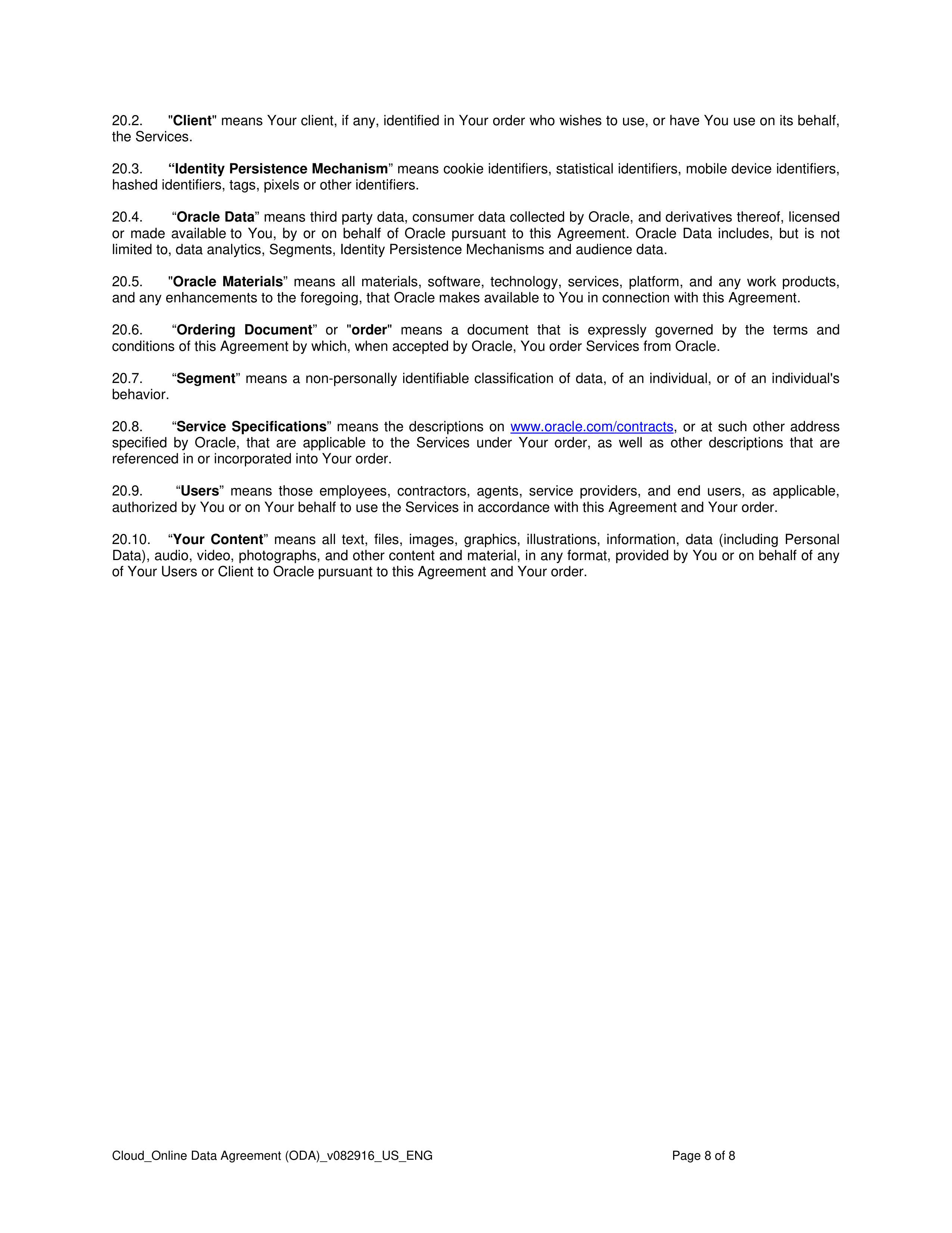 ORACLE ONLINE DATA AGREEMENT — page 8