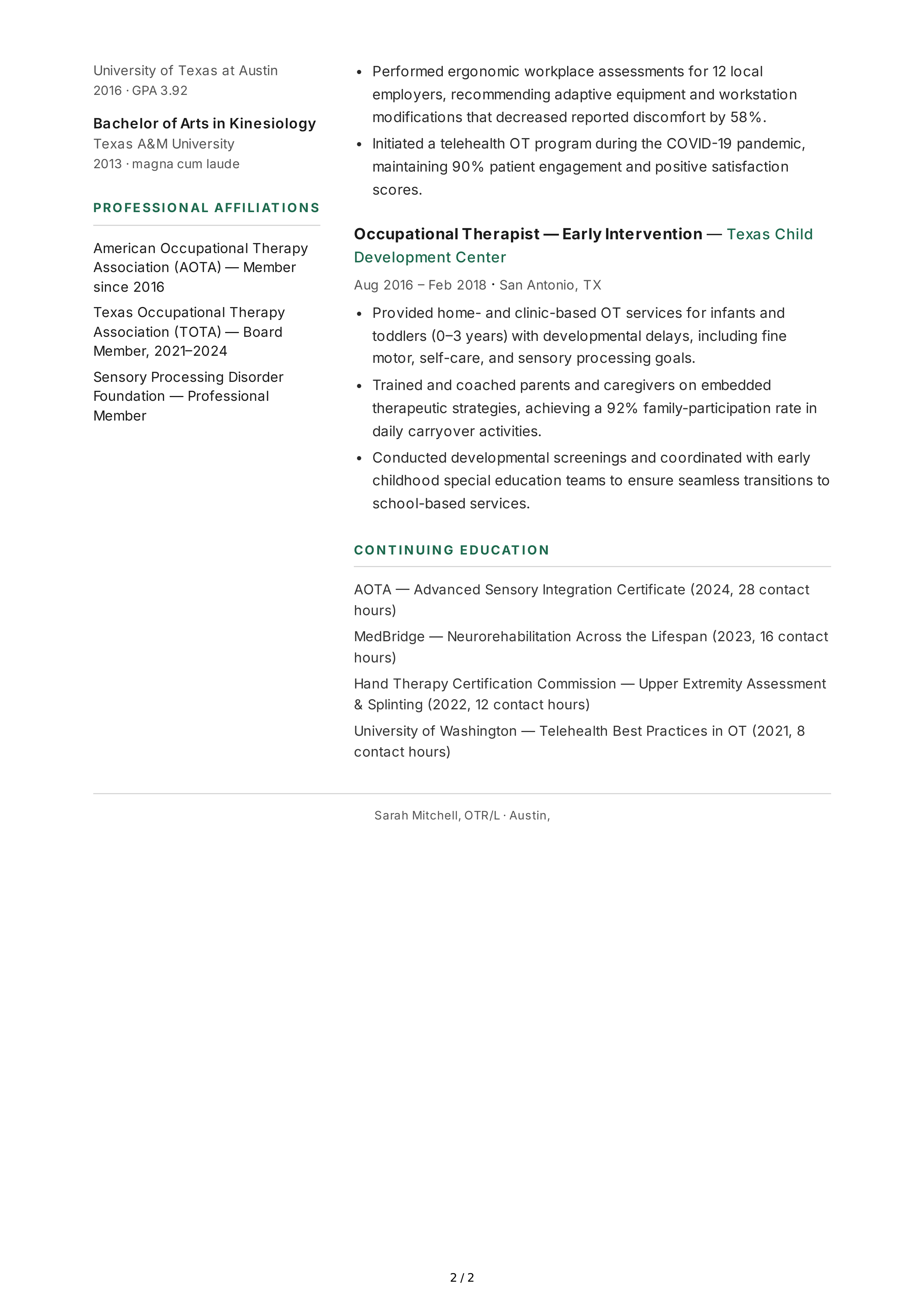Occupational Therapist CV — page 2