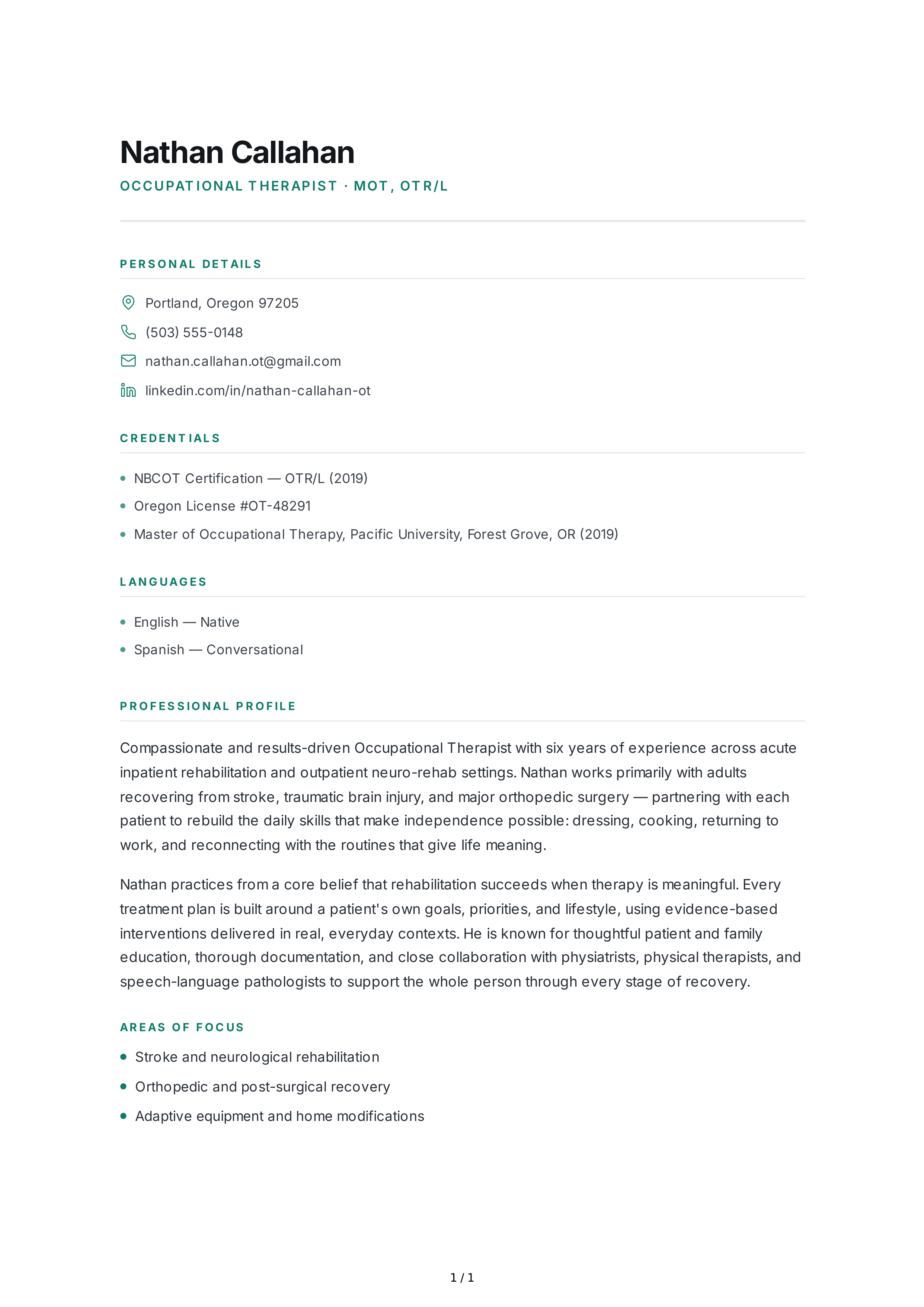 Occupational Therapist Resume Profile — page 1
