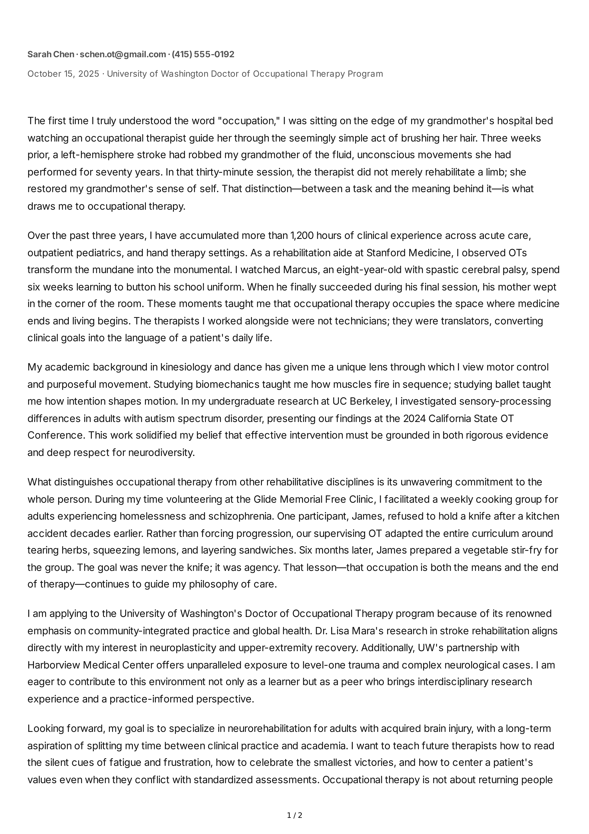 Occupational Therapy Personal Statement — page 1