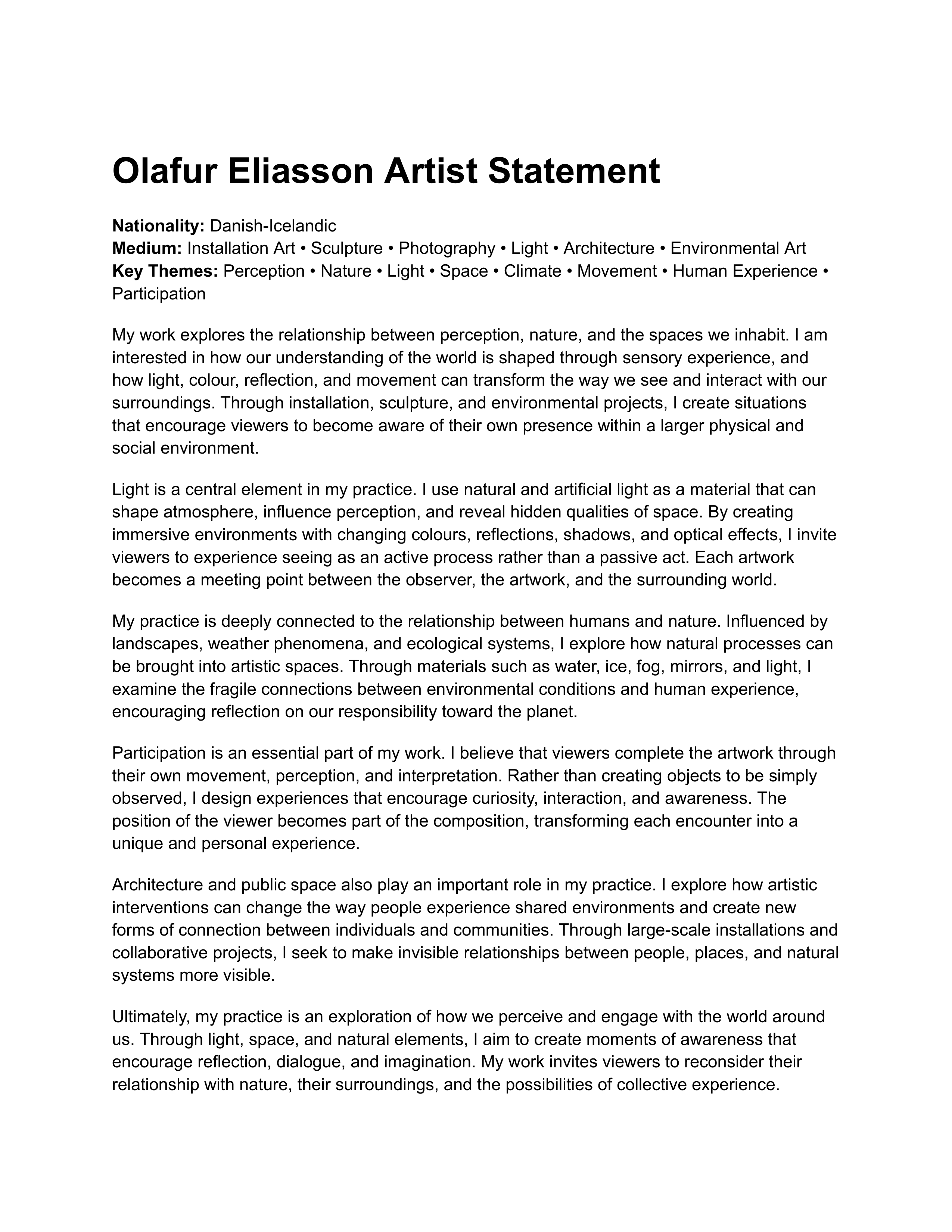 Olafur Eliasson Artist Statement — page 1