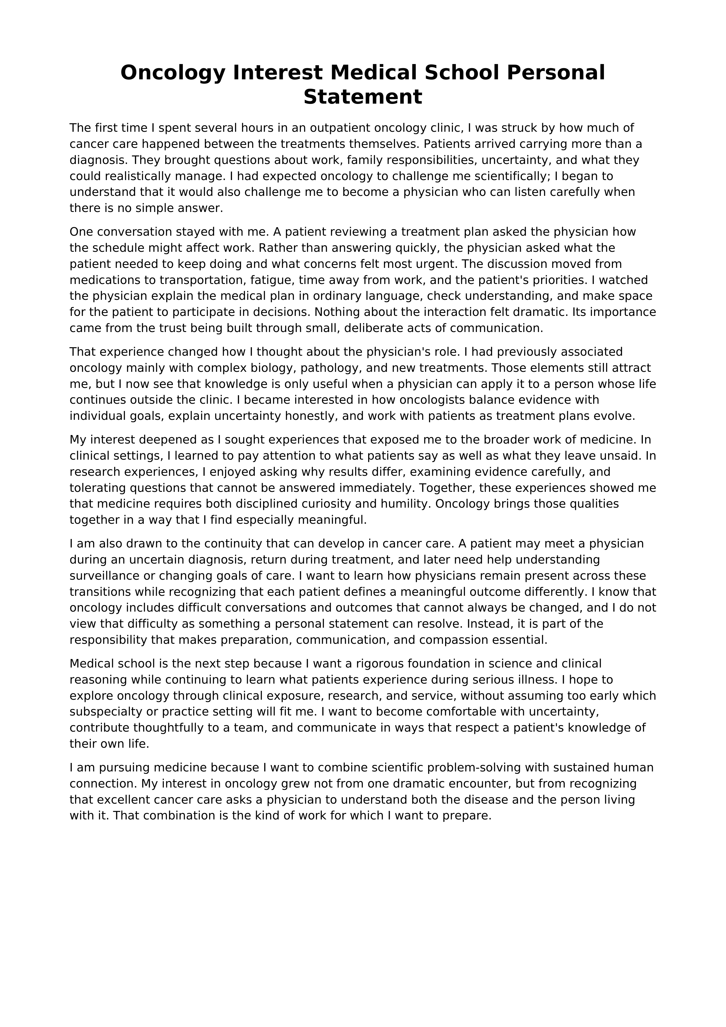 Oncology Interest Medical School Personal Statement — page 1