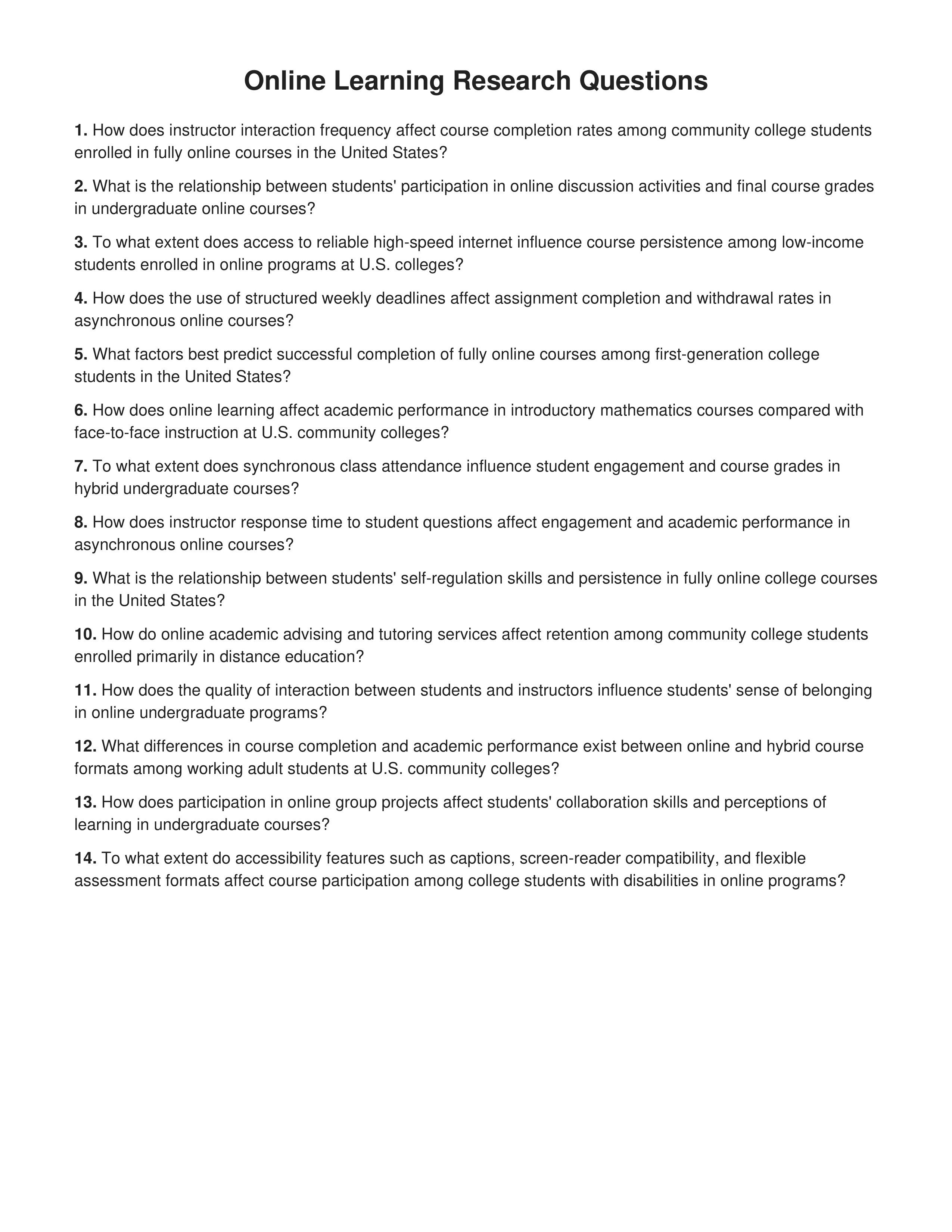 Online Learning Research Questions — page 1