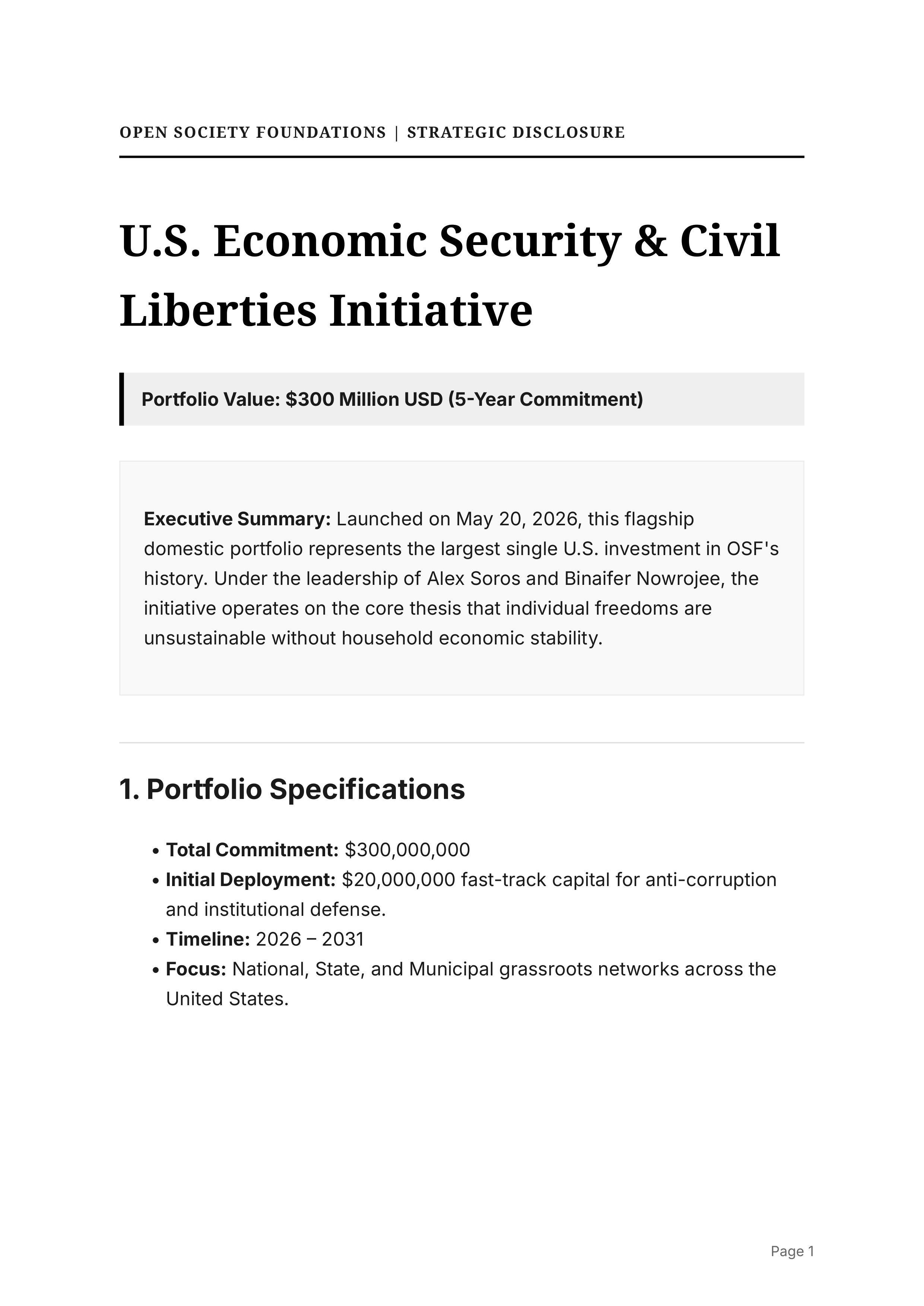 Open Society Foundations U.S. Economic Security & Civil Liberties Initiative Portfolio — page 1