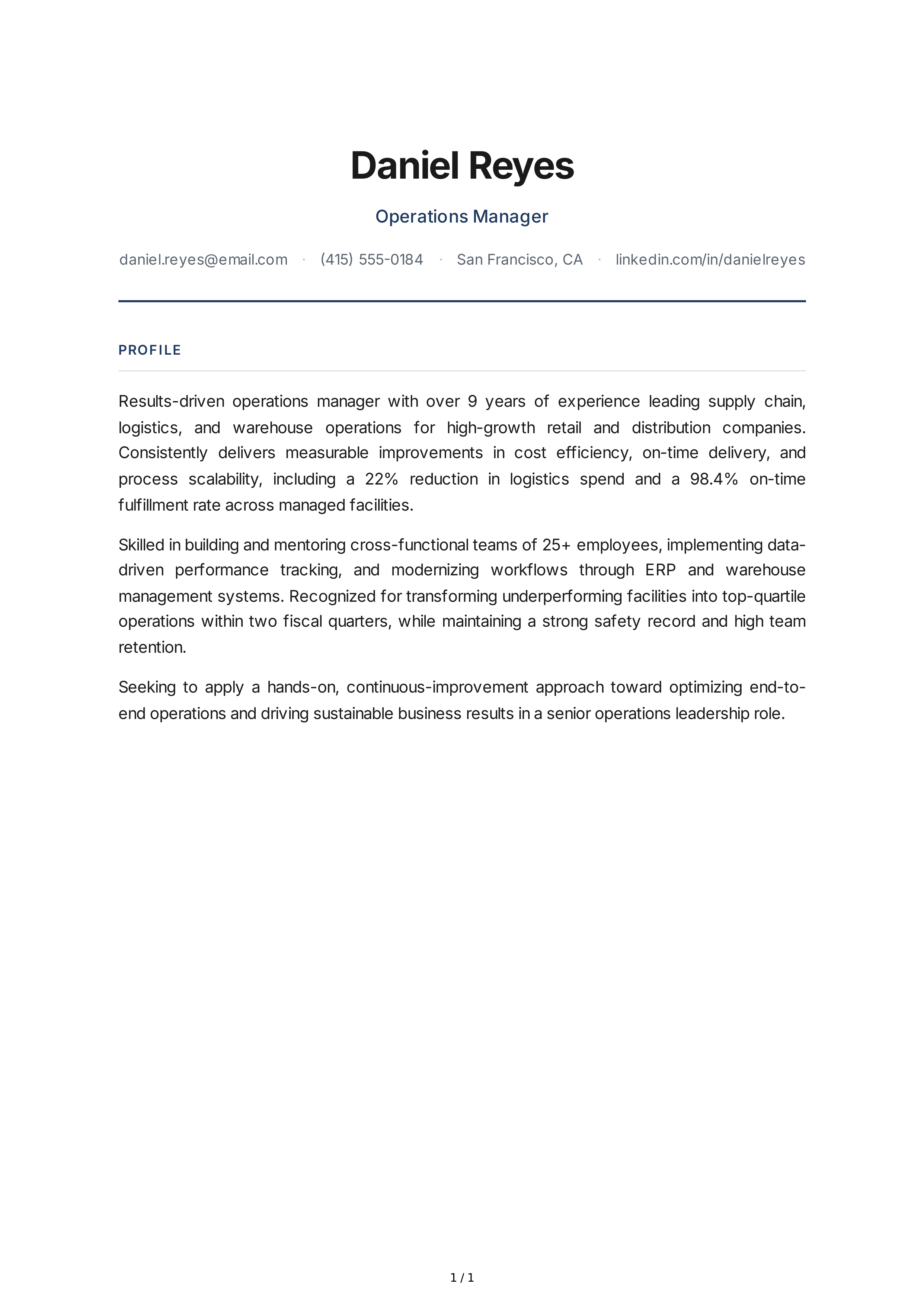 Operations Manager Resume Profile — page 1