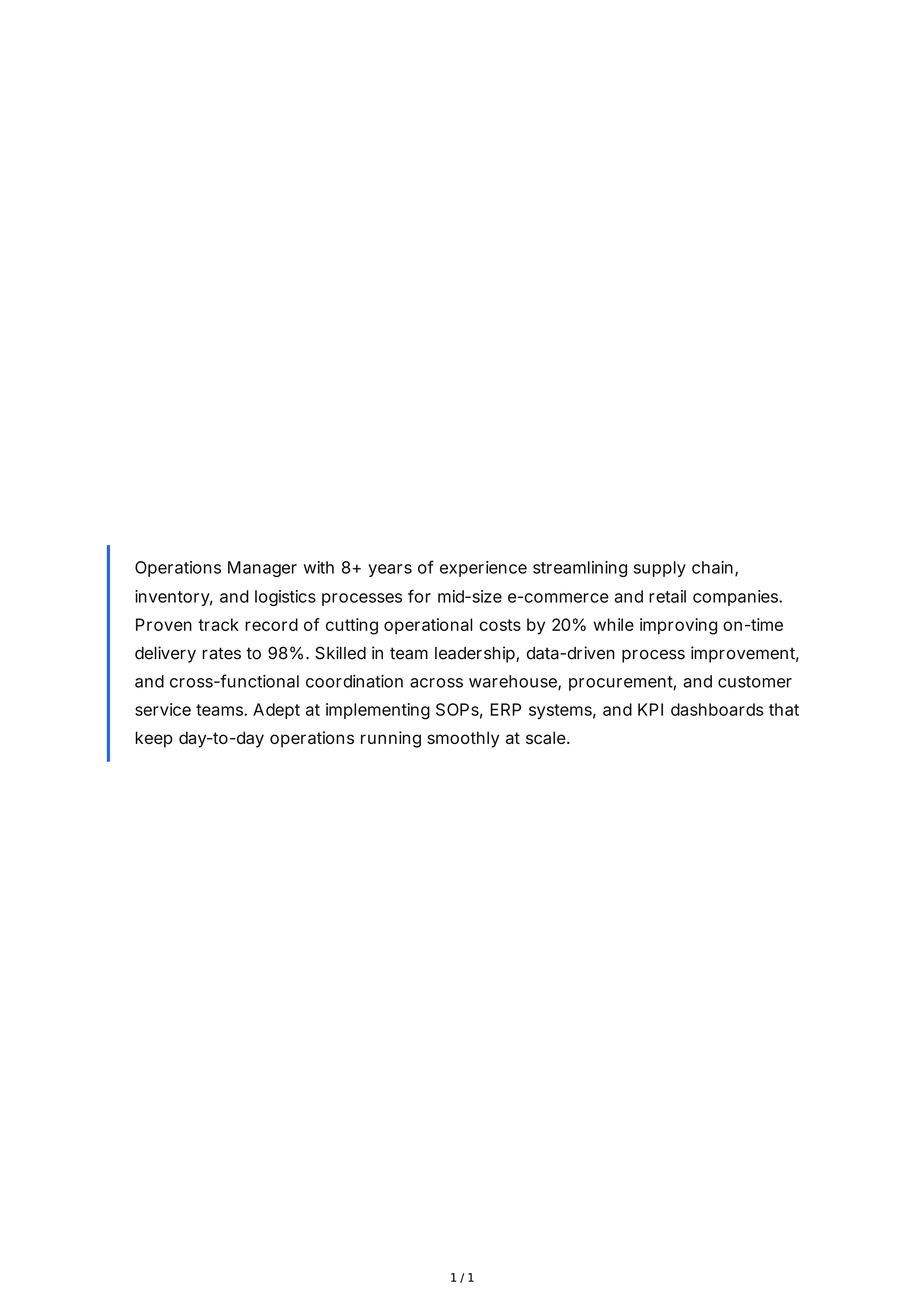 Operations Manager Resume Summary — page 1