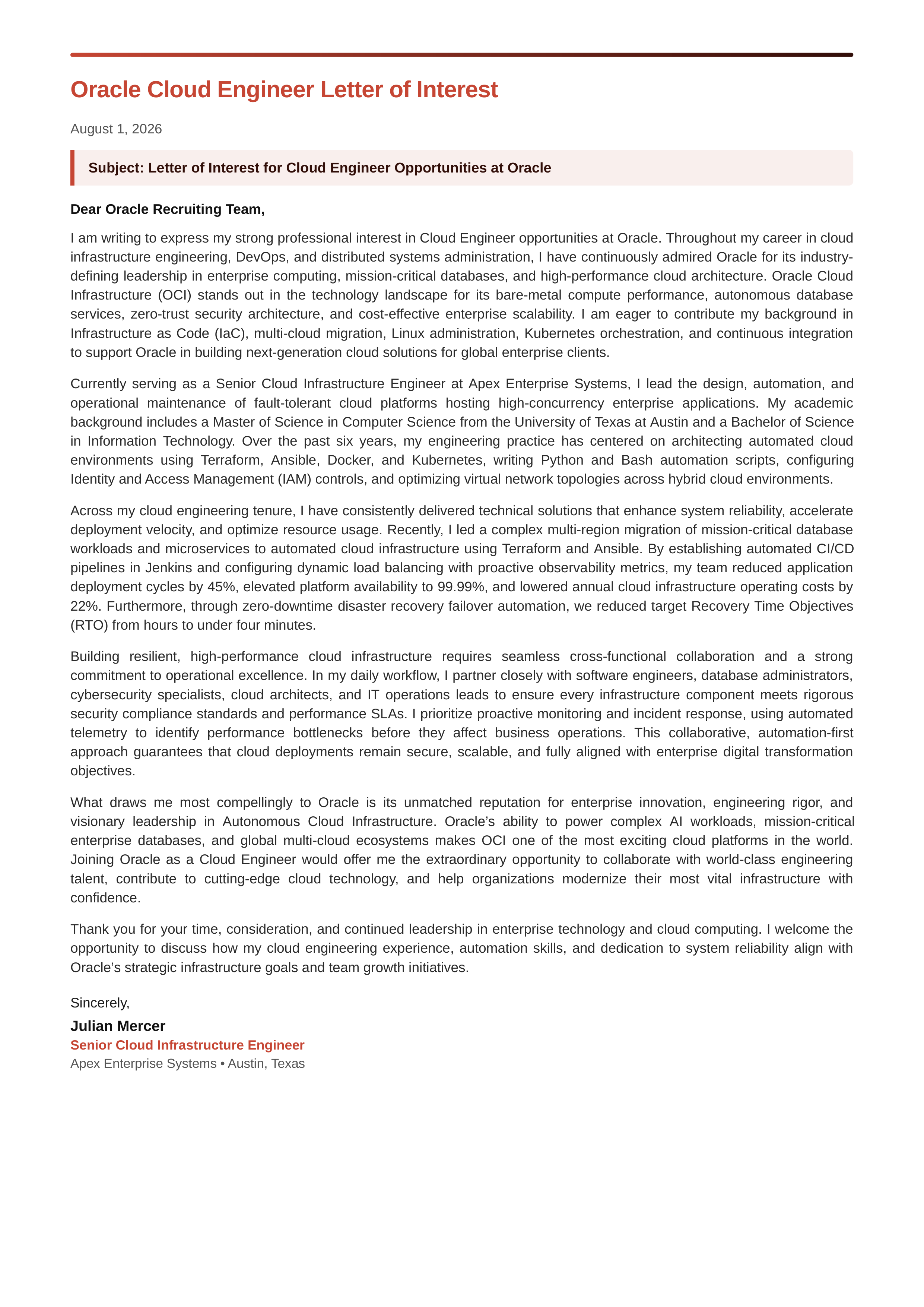Oracle Cloud Engineer Letter of Interest — page 1