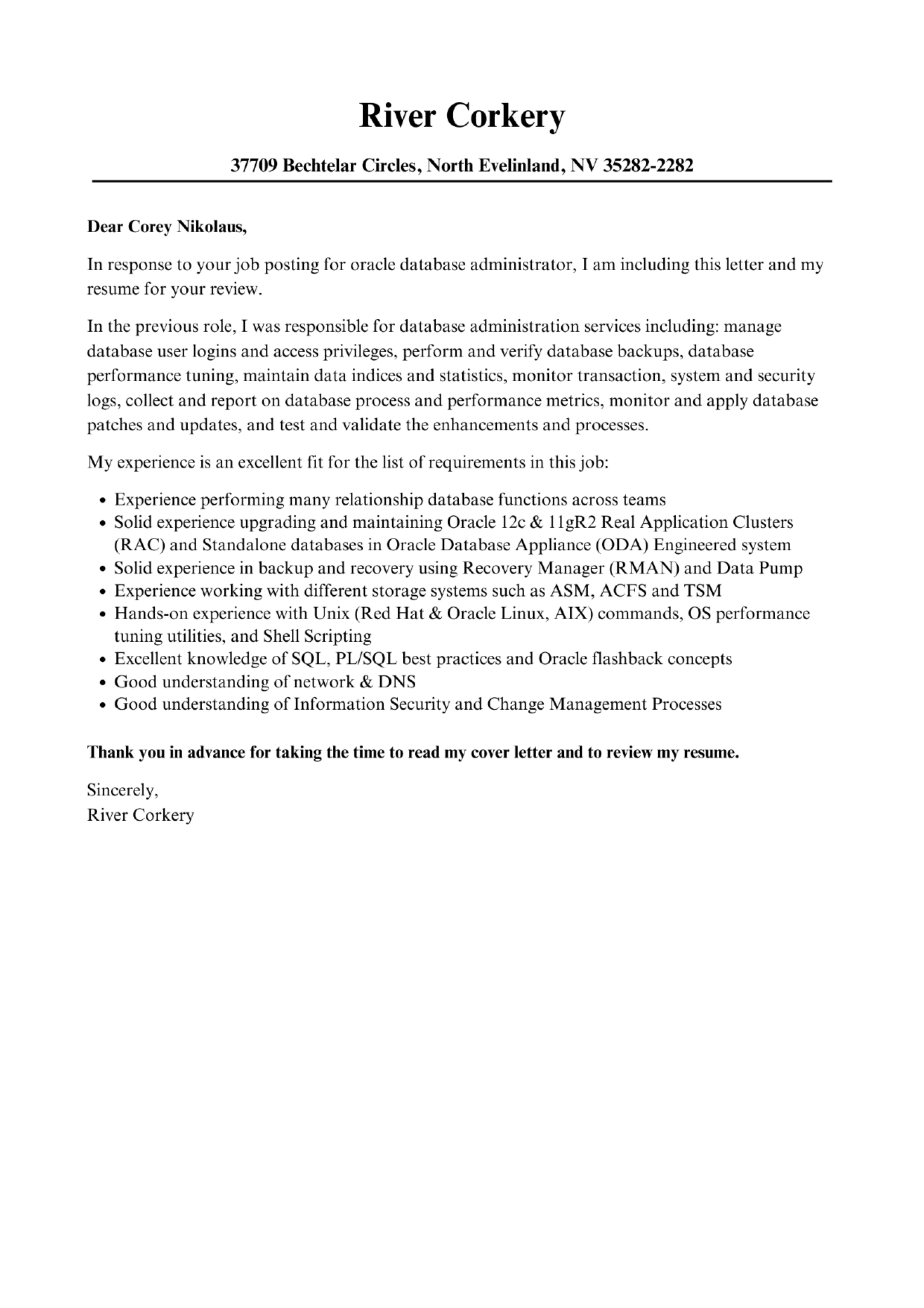 Oracle Database Administrator Cover Letter — page 1