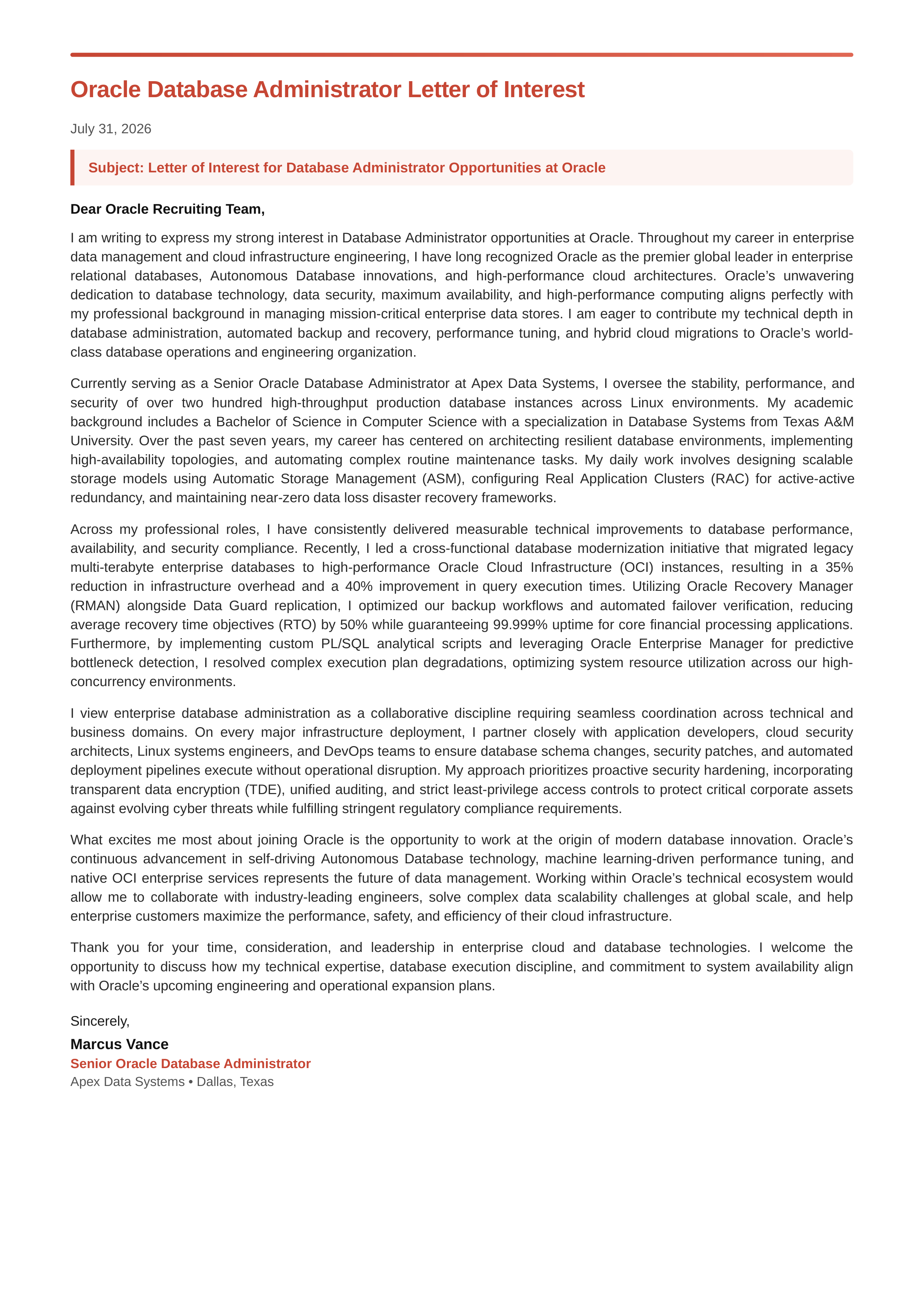 Oracle Database Administrator Letter of Interest — page 1