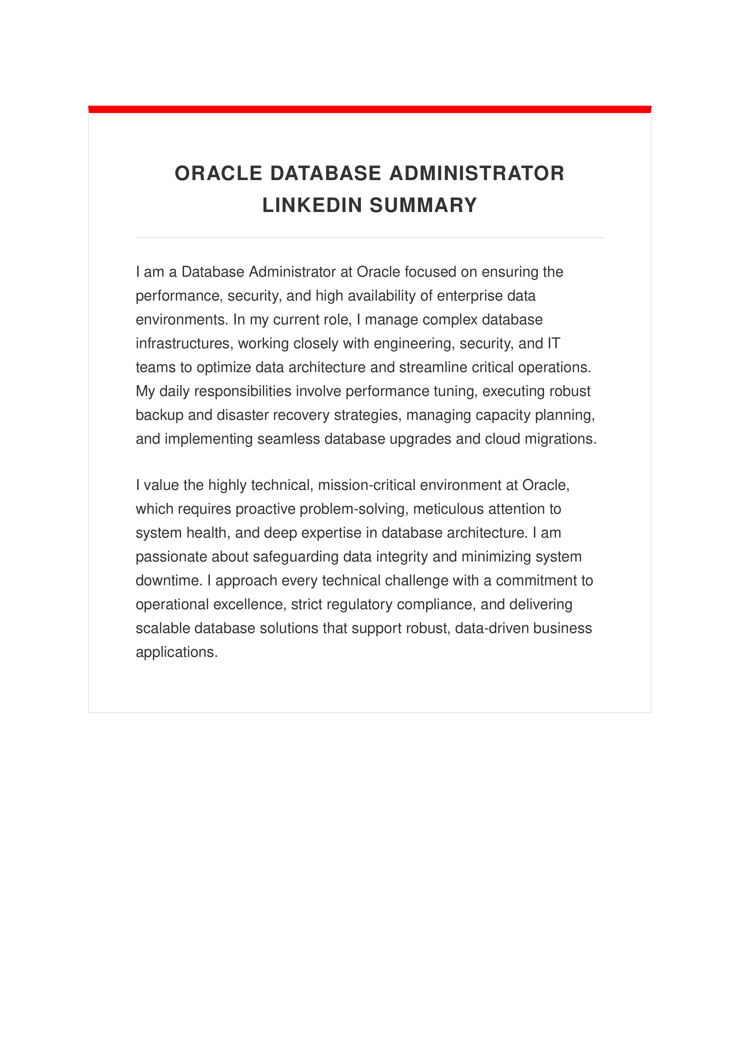 Oracle Database Administrator LinkedIn Summary — page 1