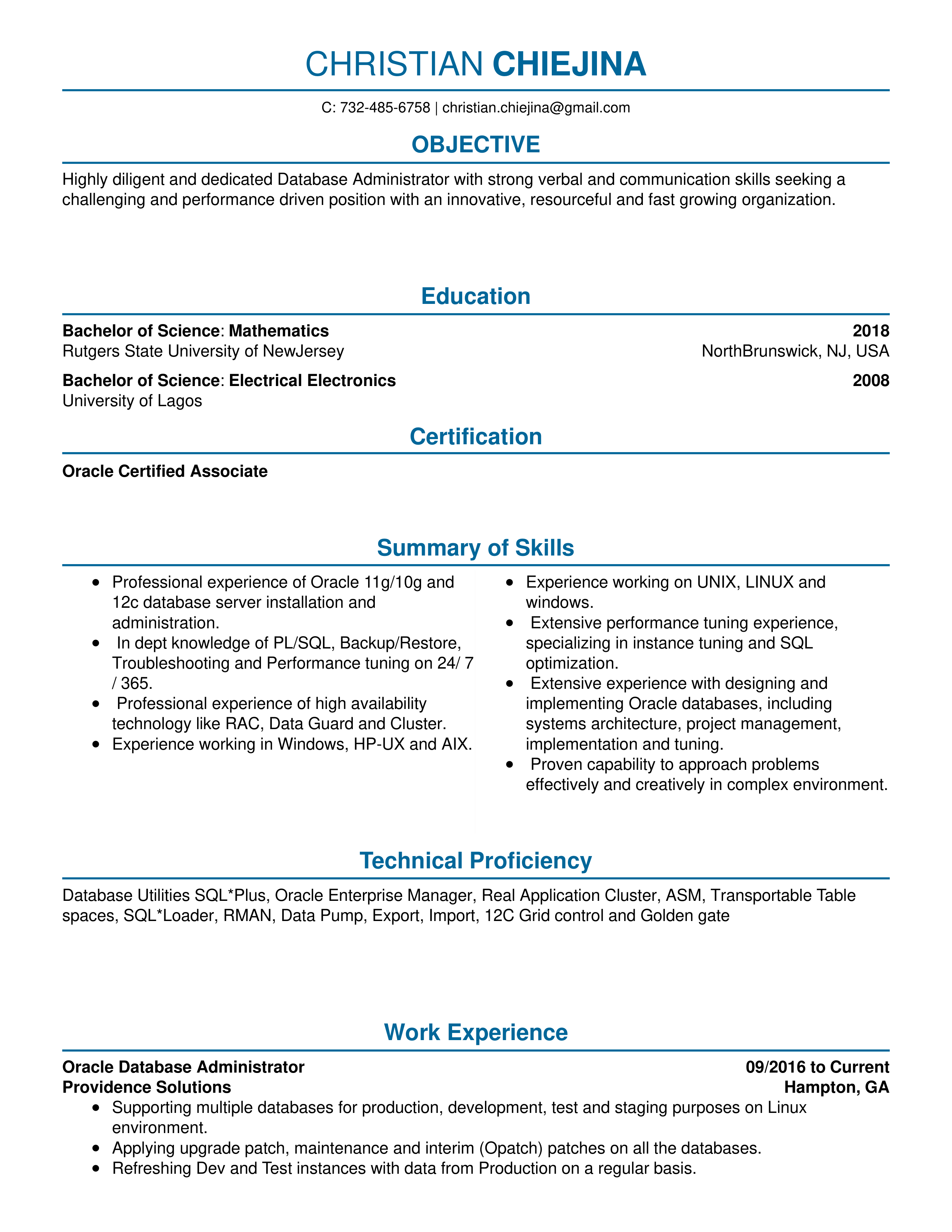 Oracle Database Administrator Resume — page 1