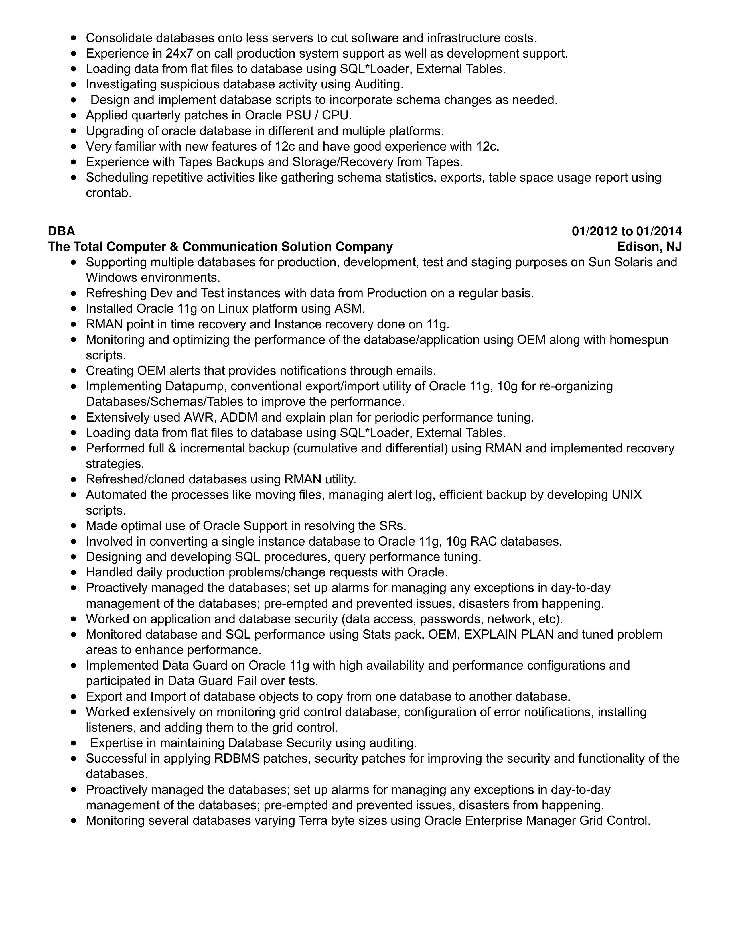 Oracle Database Administrator Resume — page 3