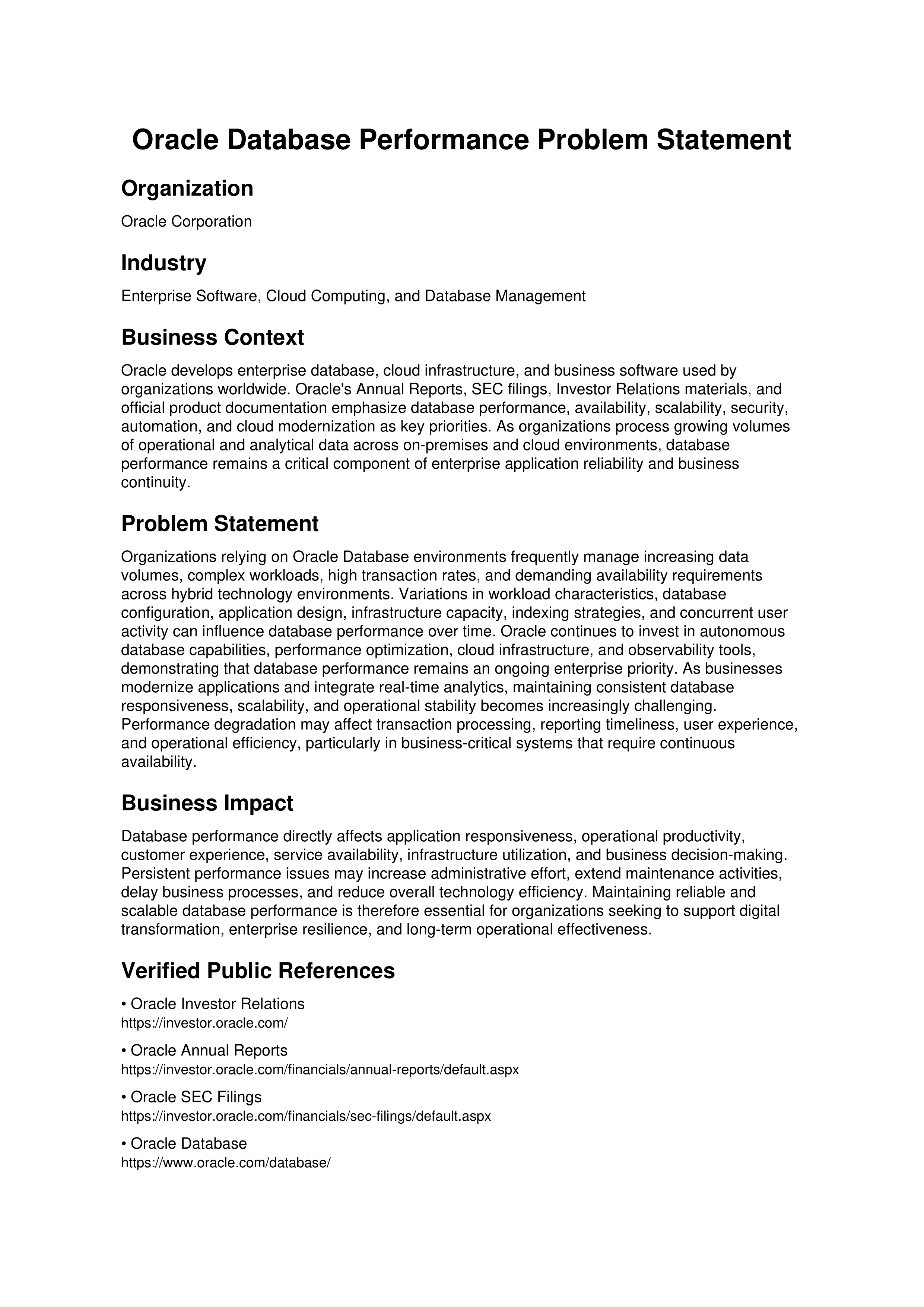 Oracle Database Performance Problem Statement — page 1