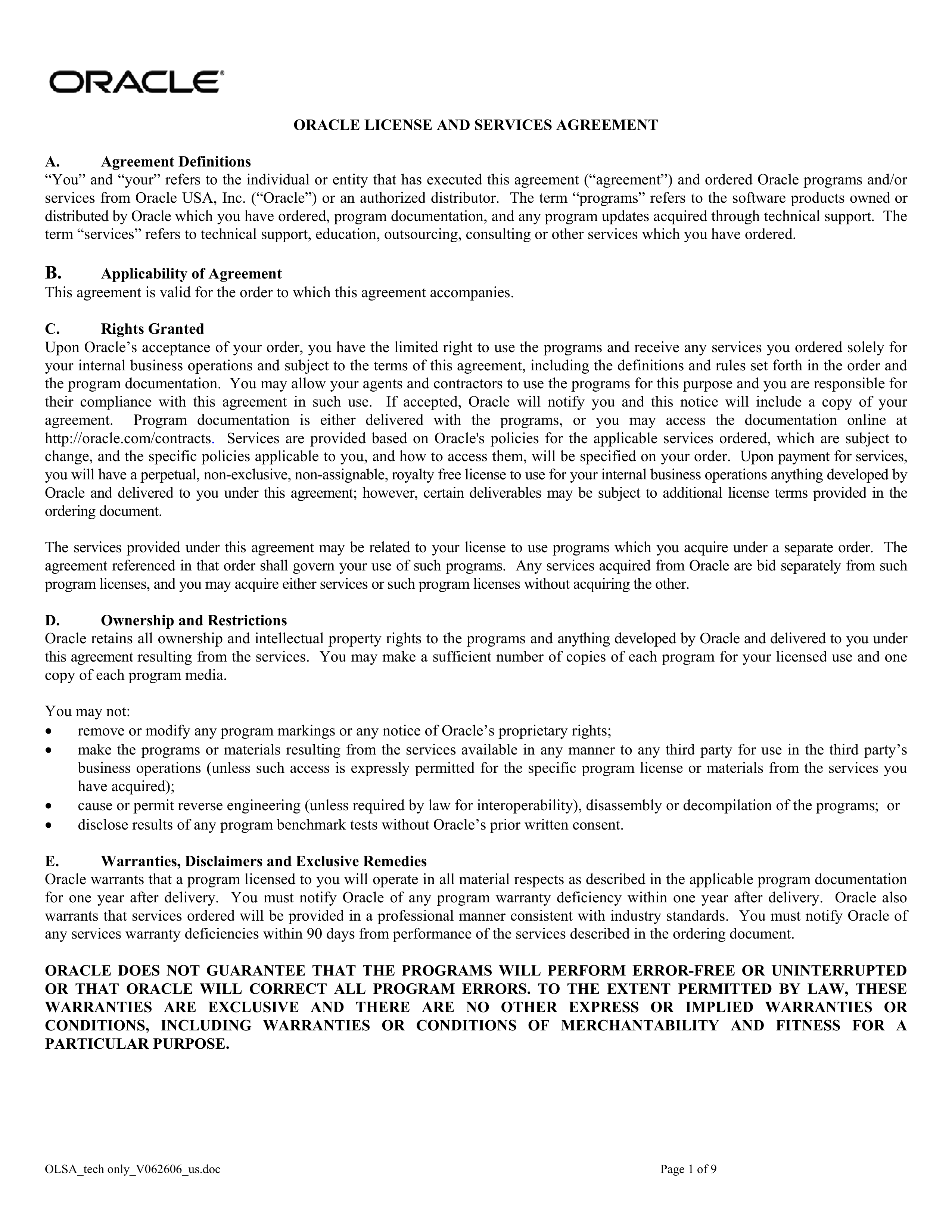 Oracle License and Services Agreement — page 1