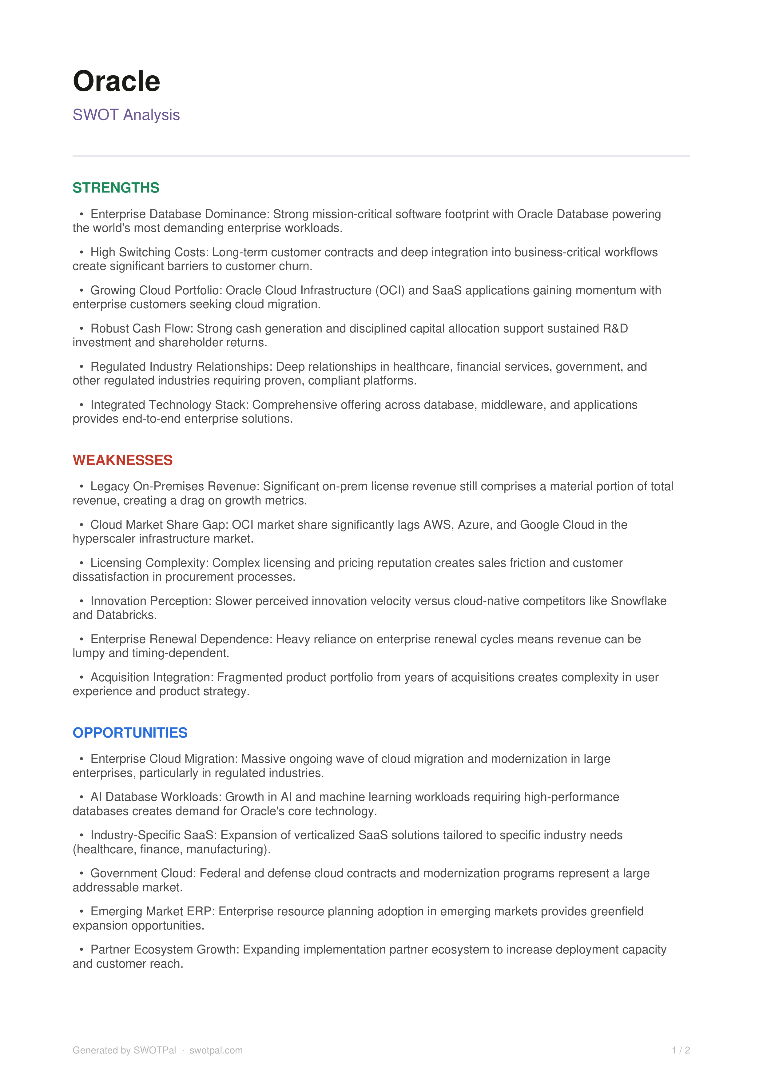 Oracle Swot Analysis  — page 1